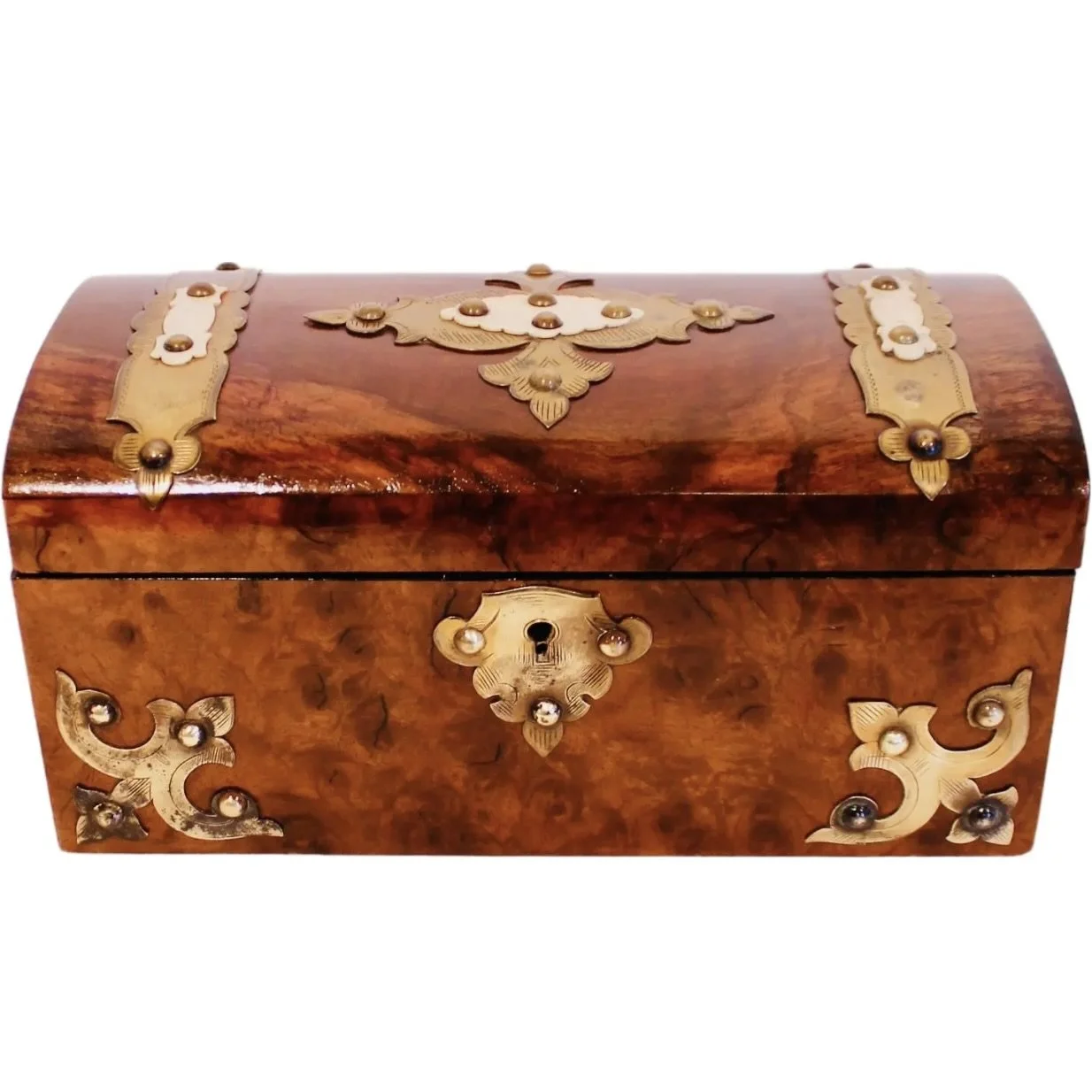 English Burl Walnut Tea Caddy with Decorative Brass Mounts