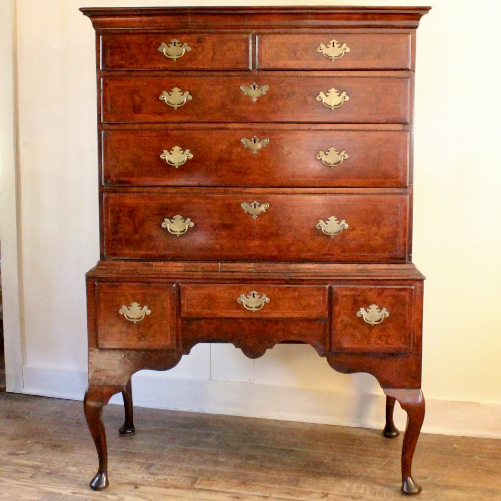 Georgian English Burl Walnut Highboy Chest on Stand