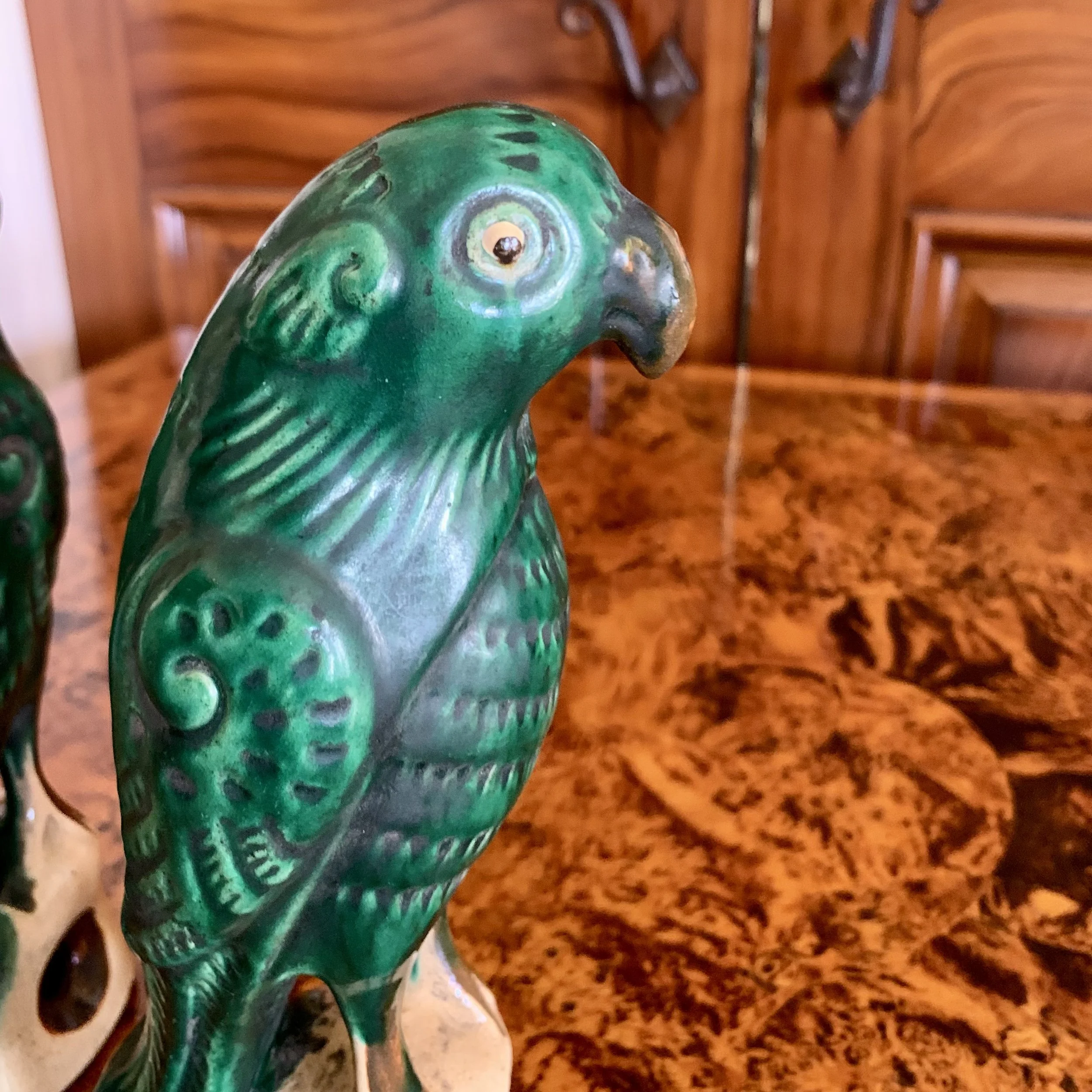 Pair  Antique Sancai Glazed Chinese Export Parrots