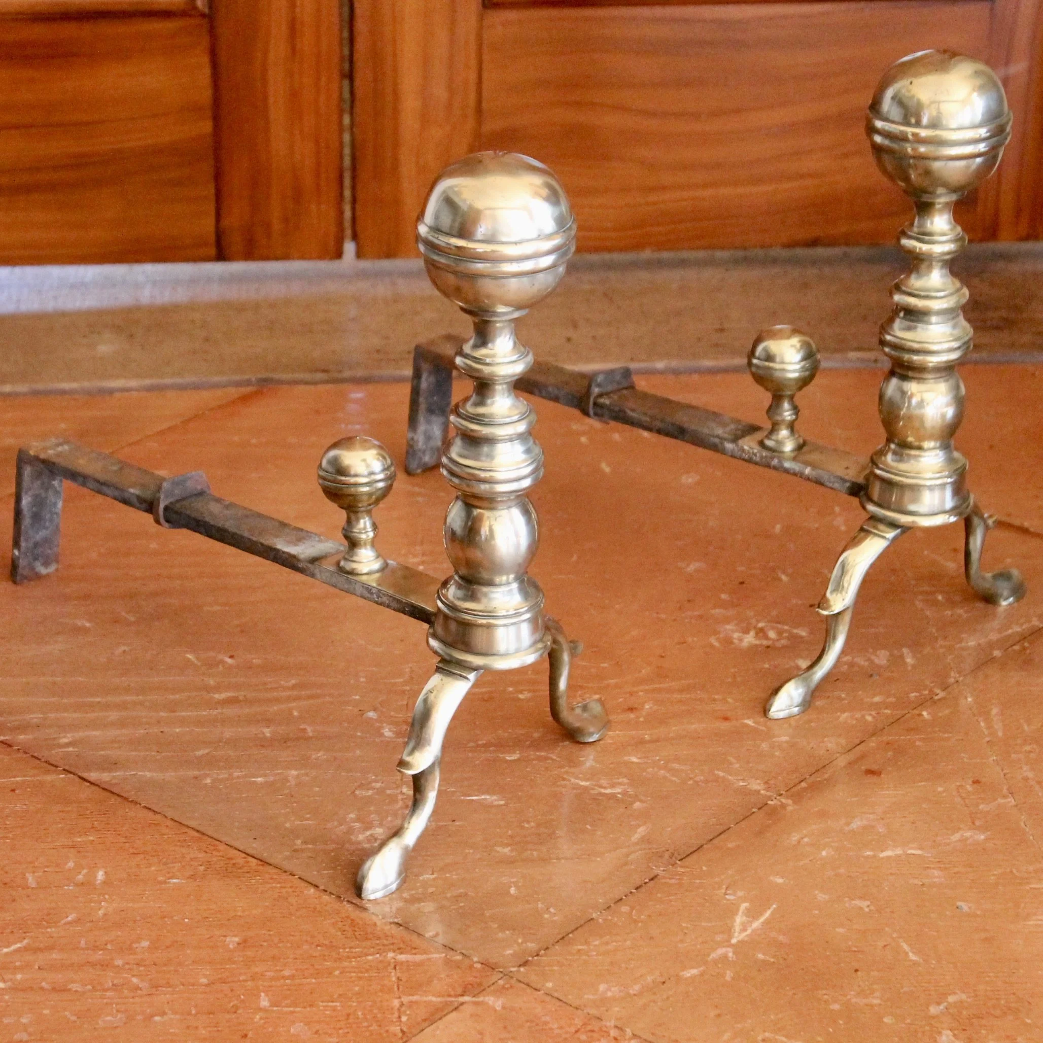 Pair of American Federal Brass Ball Topped Andirons