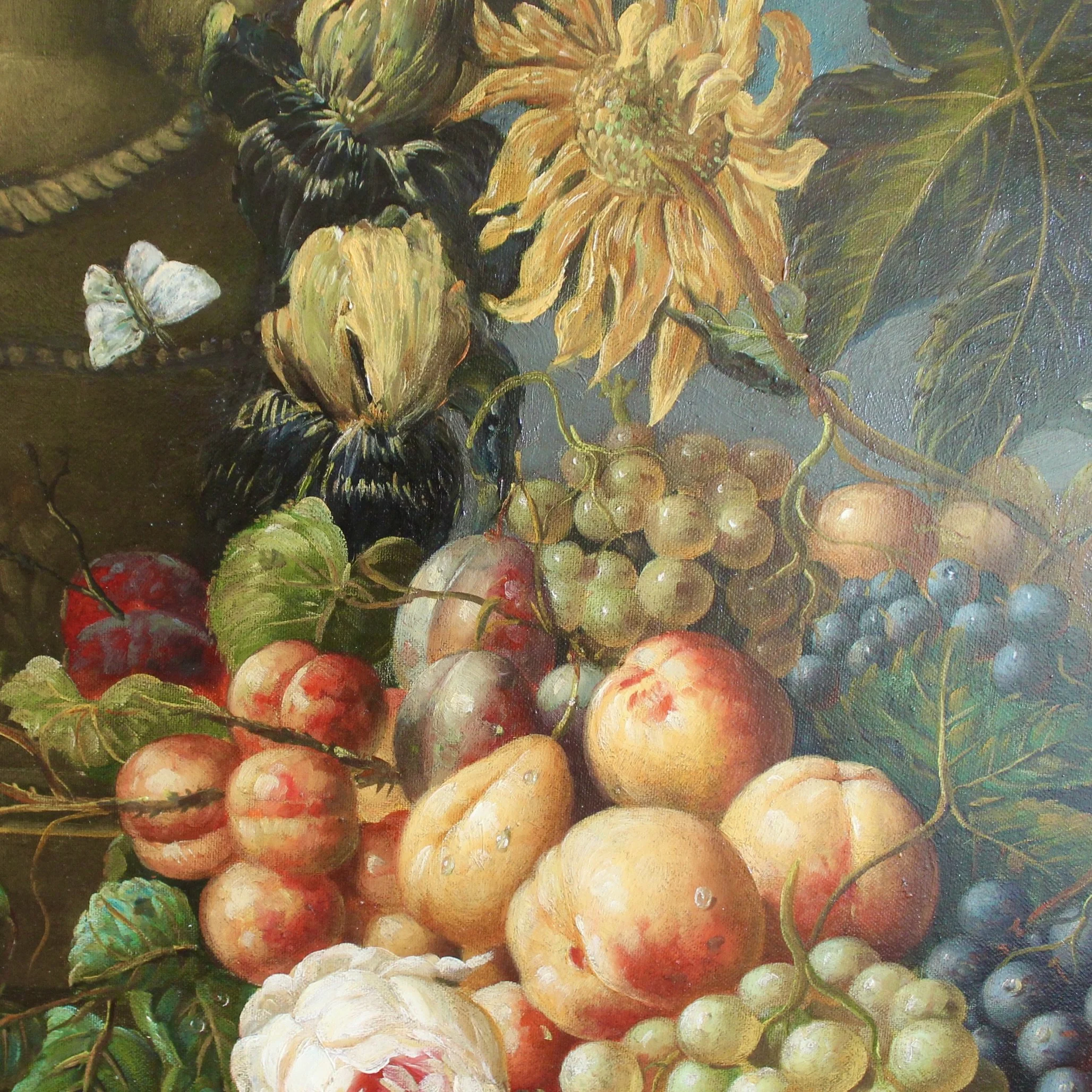 Still Life Oil on Canvas Painting: Flowers and Fruit