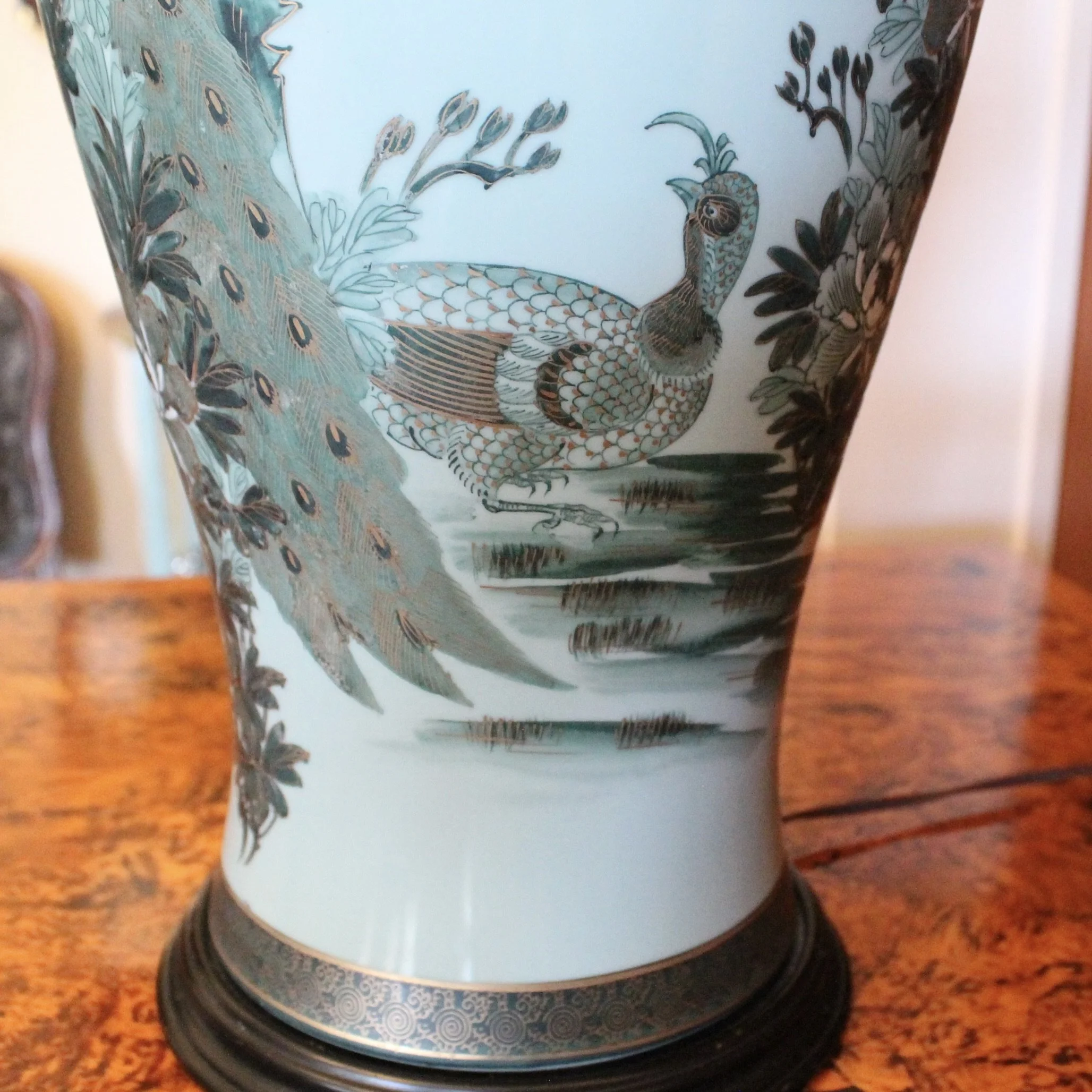 Japanese Satsuma celadon Peacock Lamp