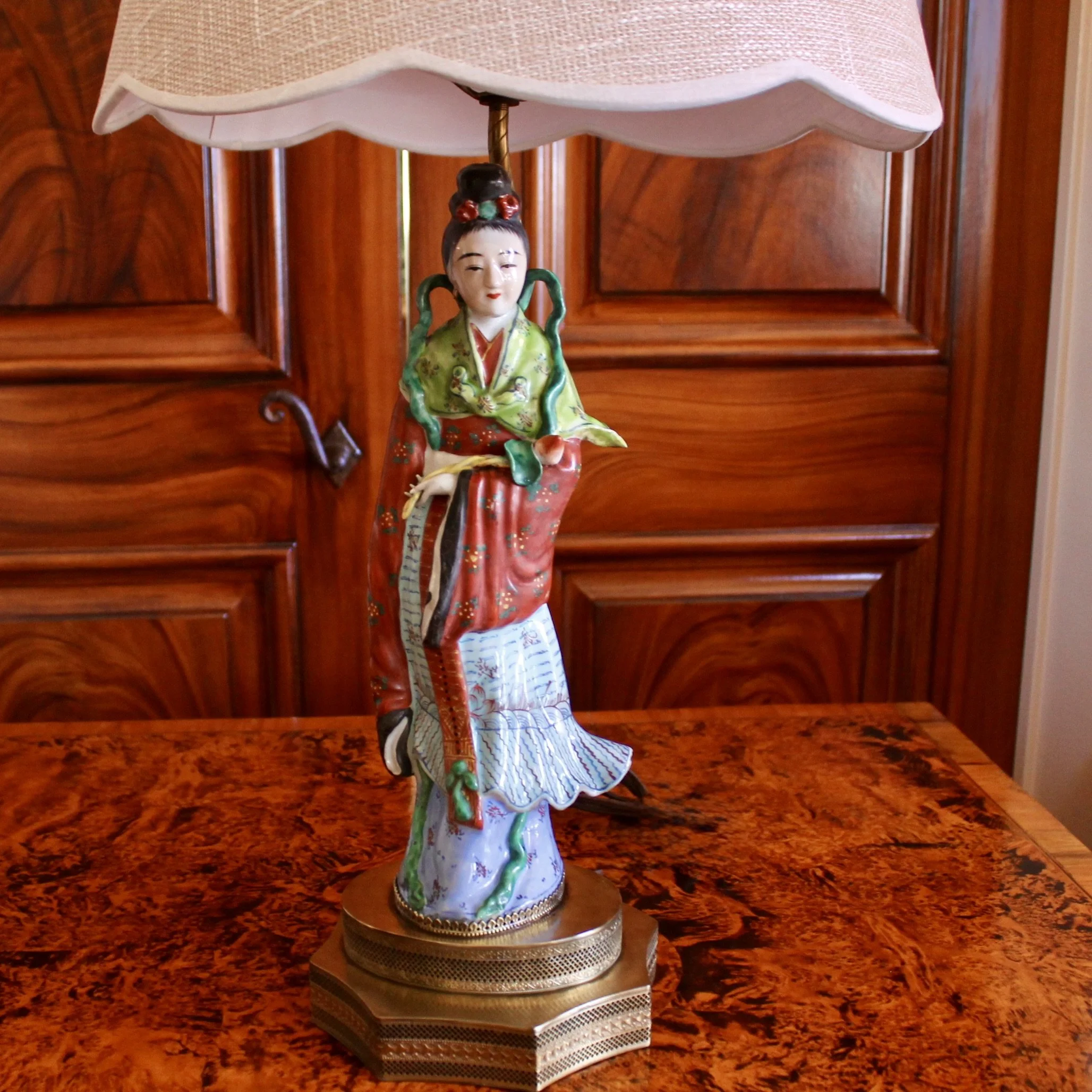 Antique Chinoiserie Porcelain Figure Lamps, Pair