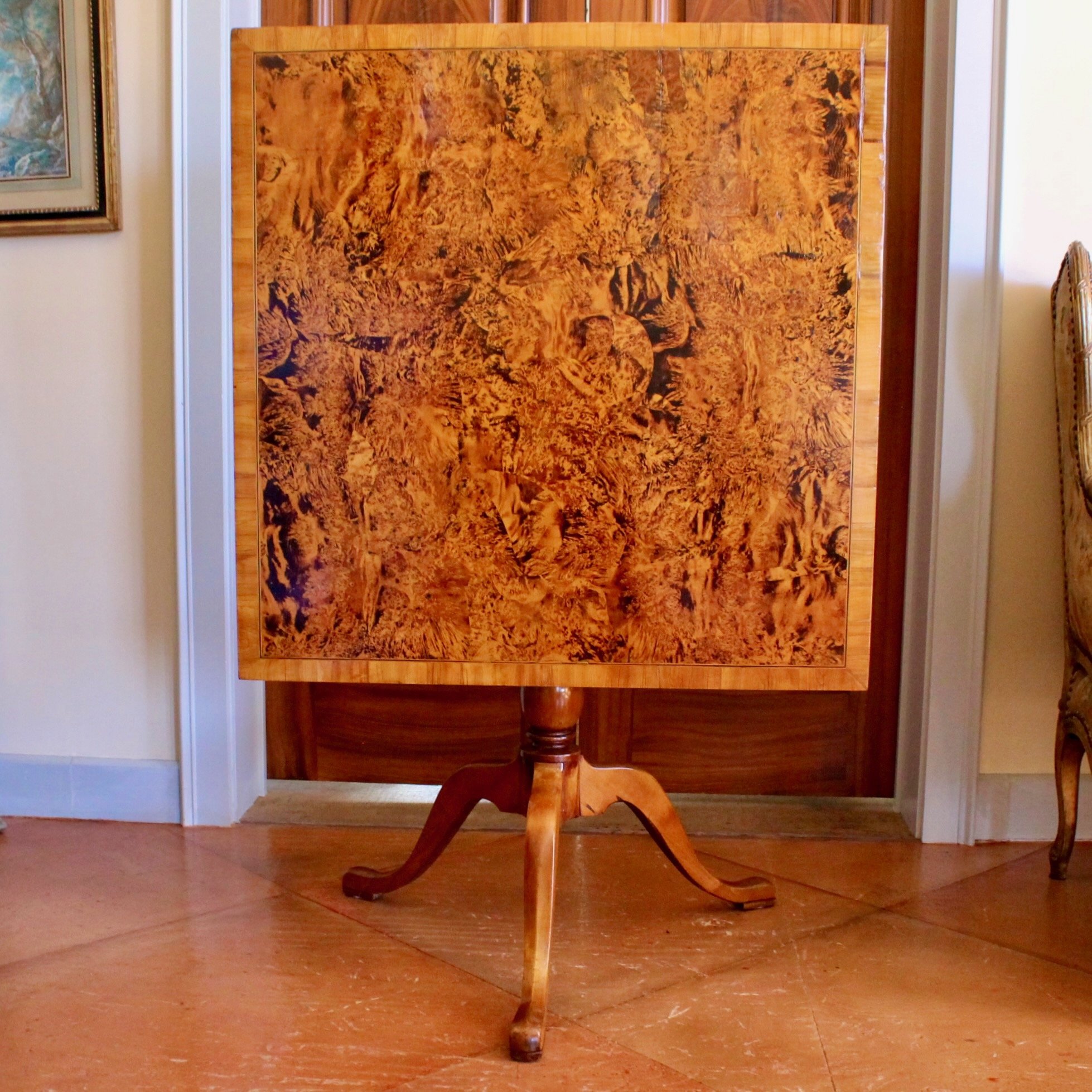 Swedish-Burl-Wood-Square-Tilt-Top-Table-Late -18th-Early-19th-Century