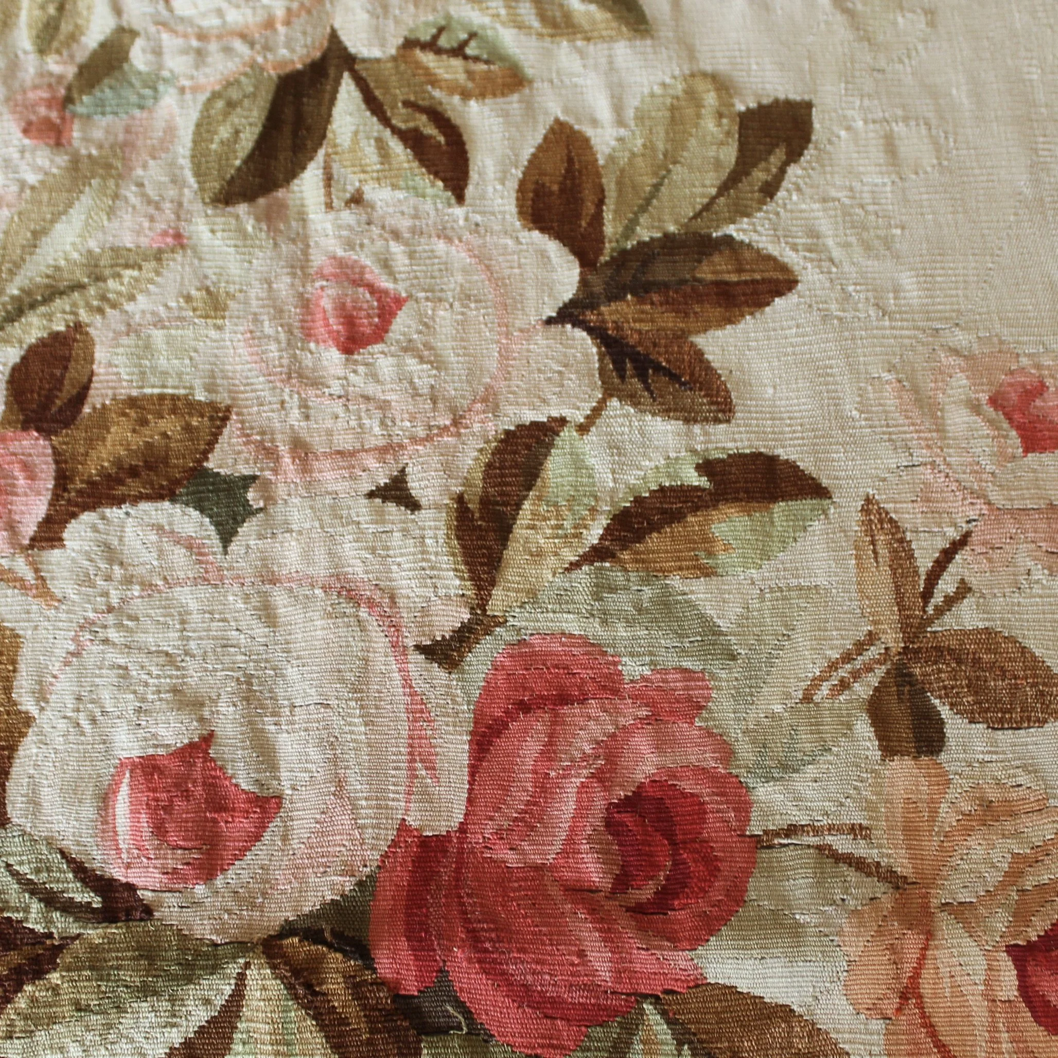 French Aubusson Floral Wall Tapestry in Coral, Rose and Sage Green