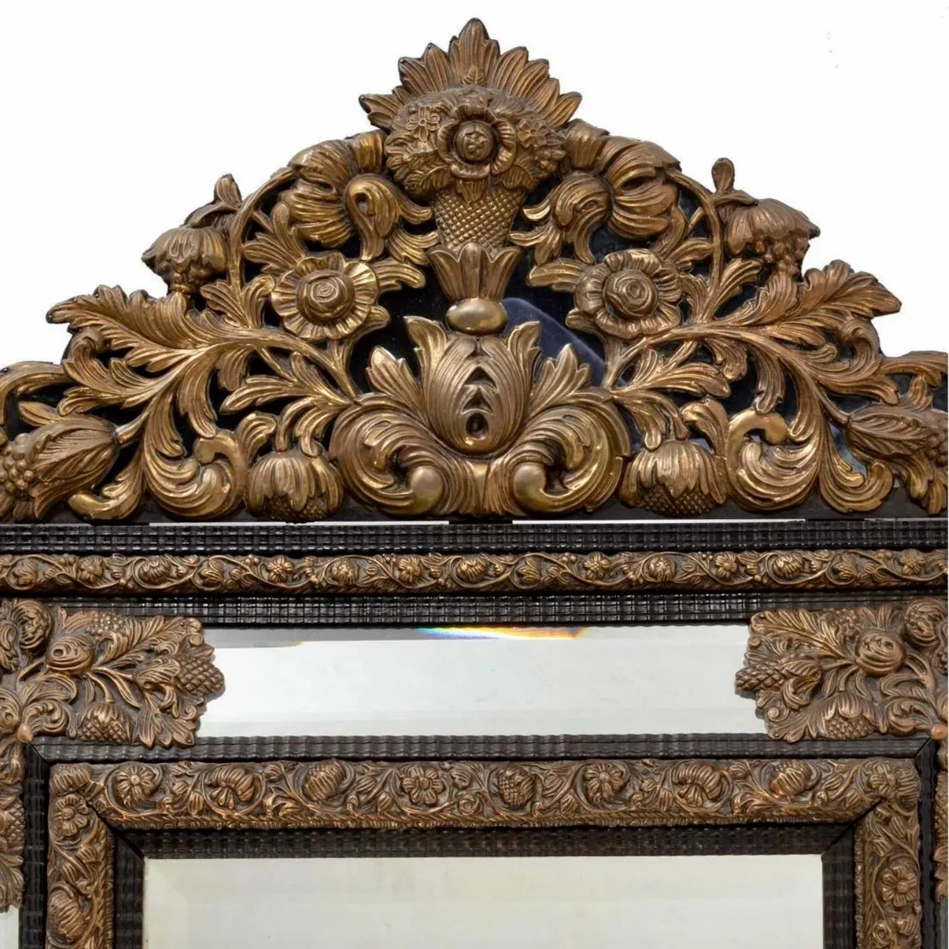 Large-Continental-Brass Repoussé-and-Ebonized-Crested-Cushion-Mirror (1)-top