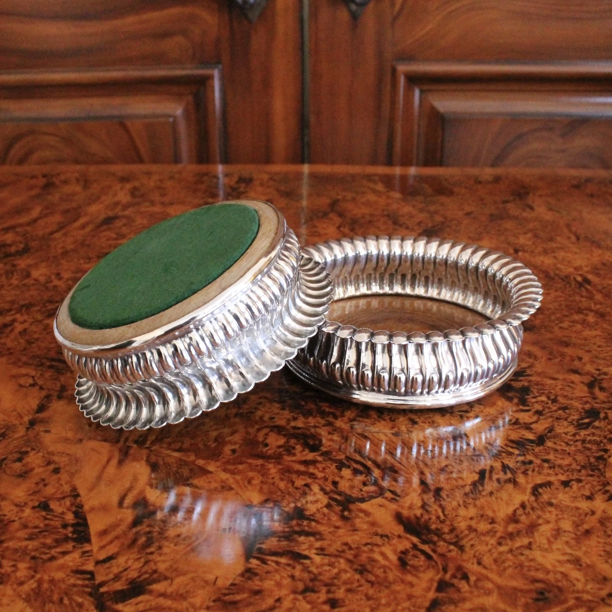 English Silver Plate Lotus Flower Wine Bottle Coasters, pair