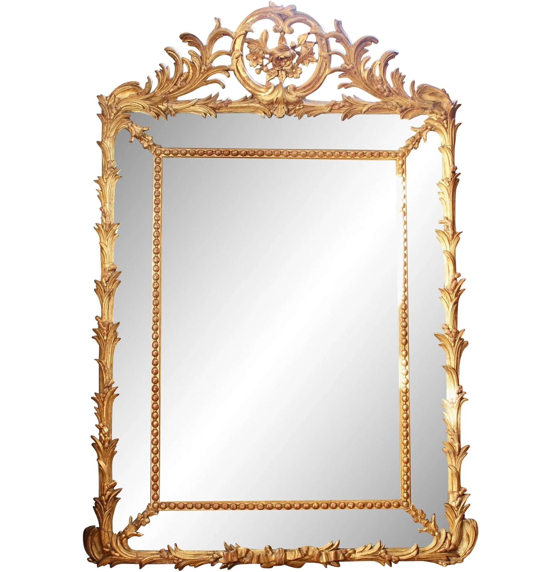 Large French Giltwood Rococo Carved Mirror with Palm Fronds