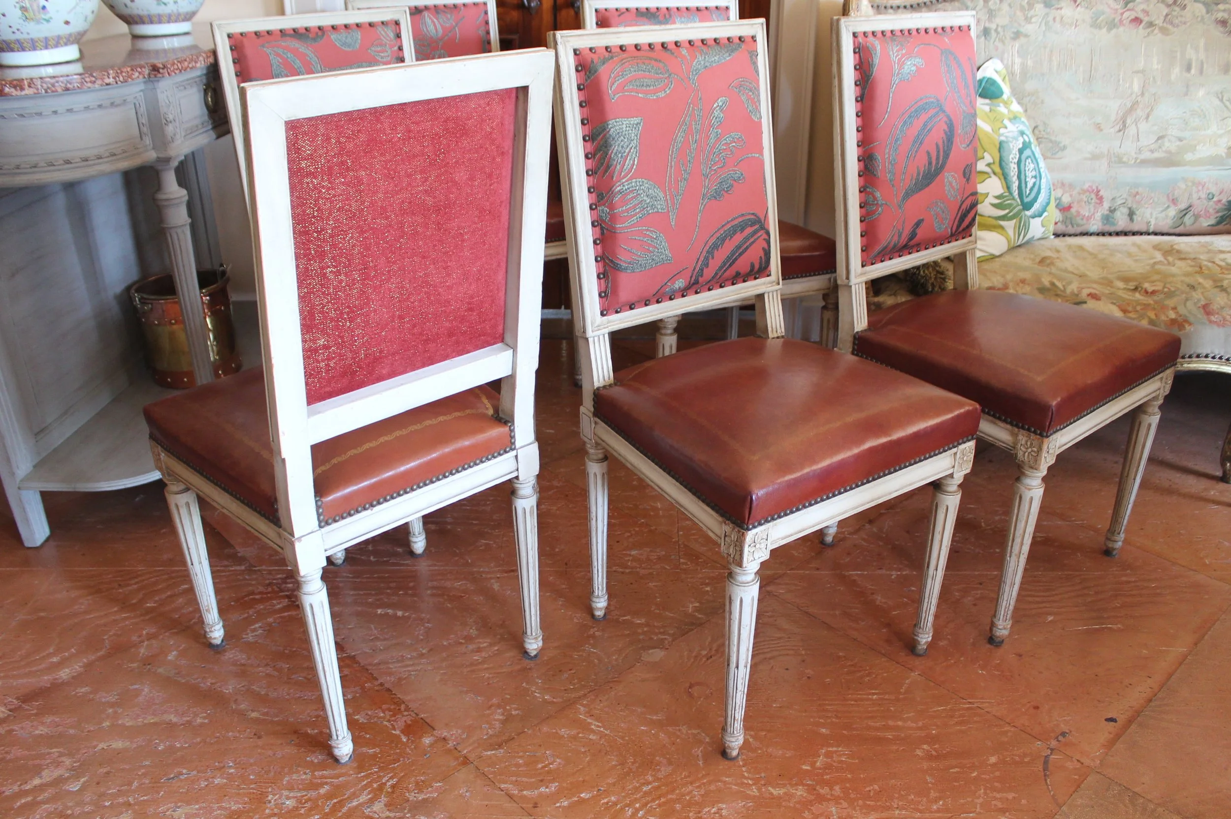 Set of Six French Painted Dining Chairs, Louis XVI Style
