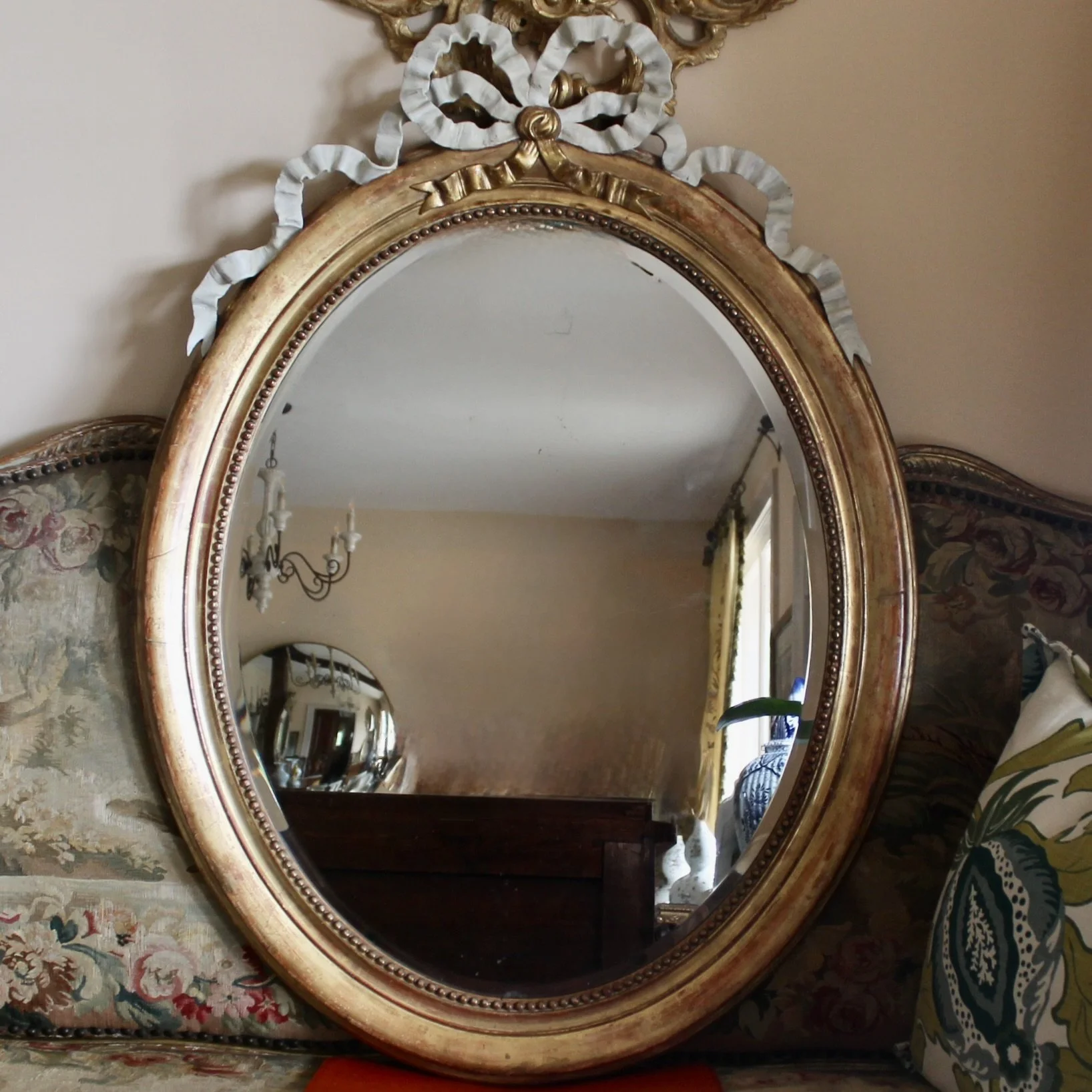 Large Oval French Giltwood Antique Mirror
