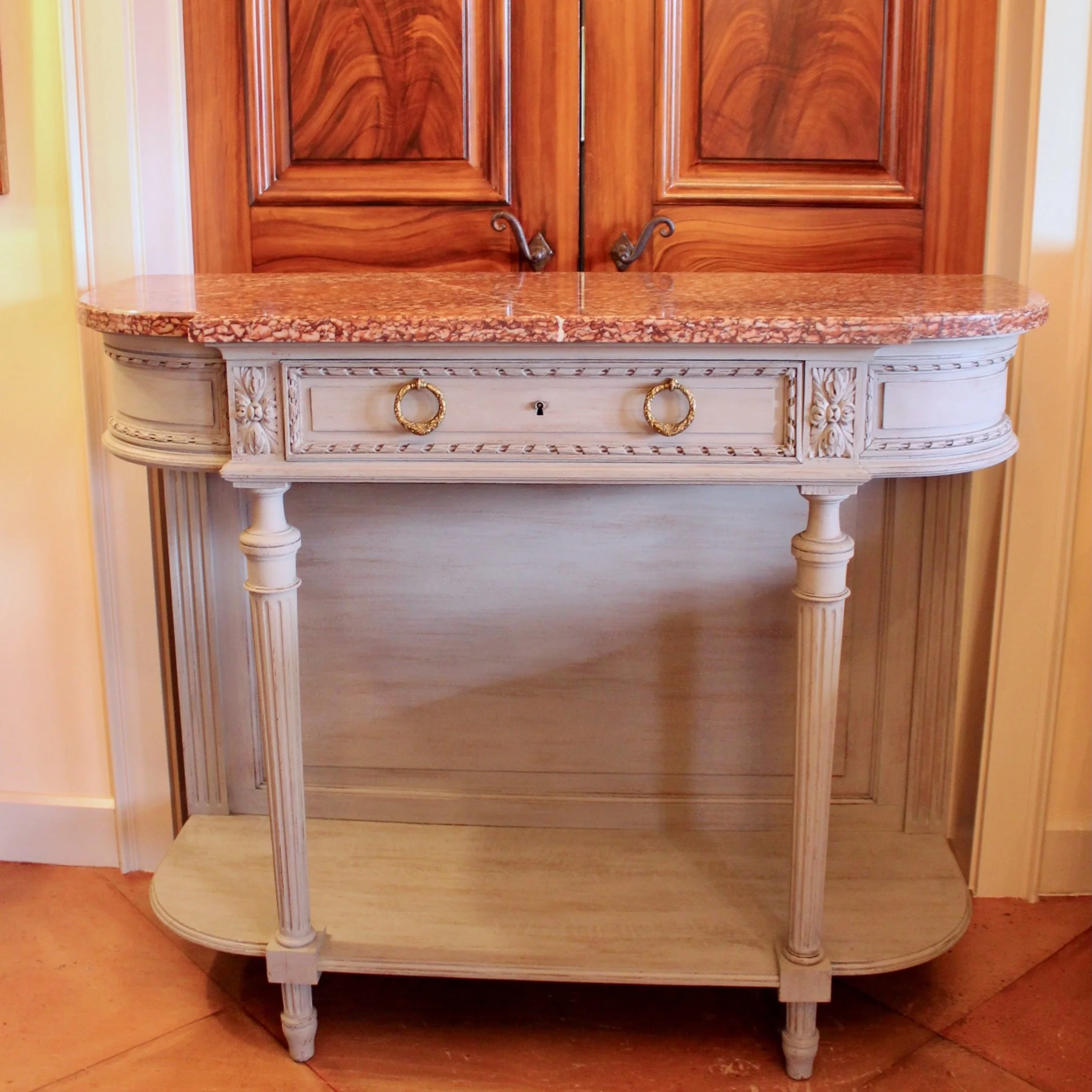 Grey-painted-Louis-XVI-Style-Console-Table -With-Marble-Top