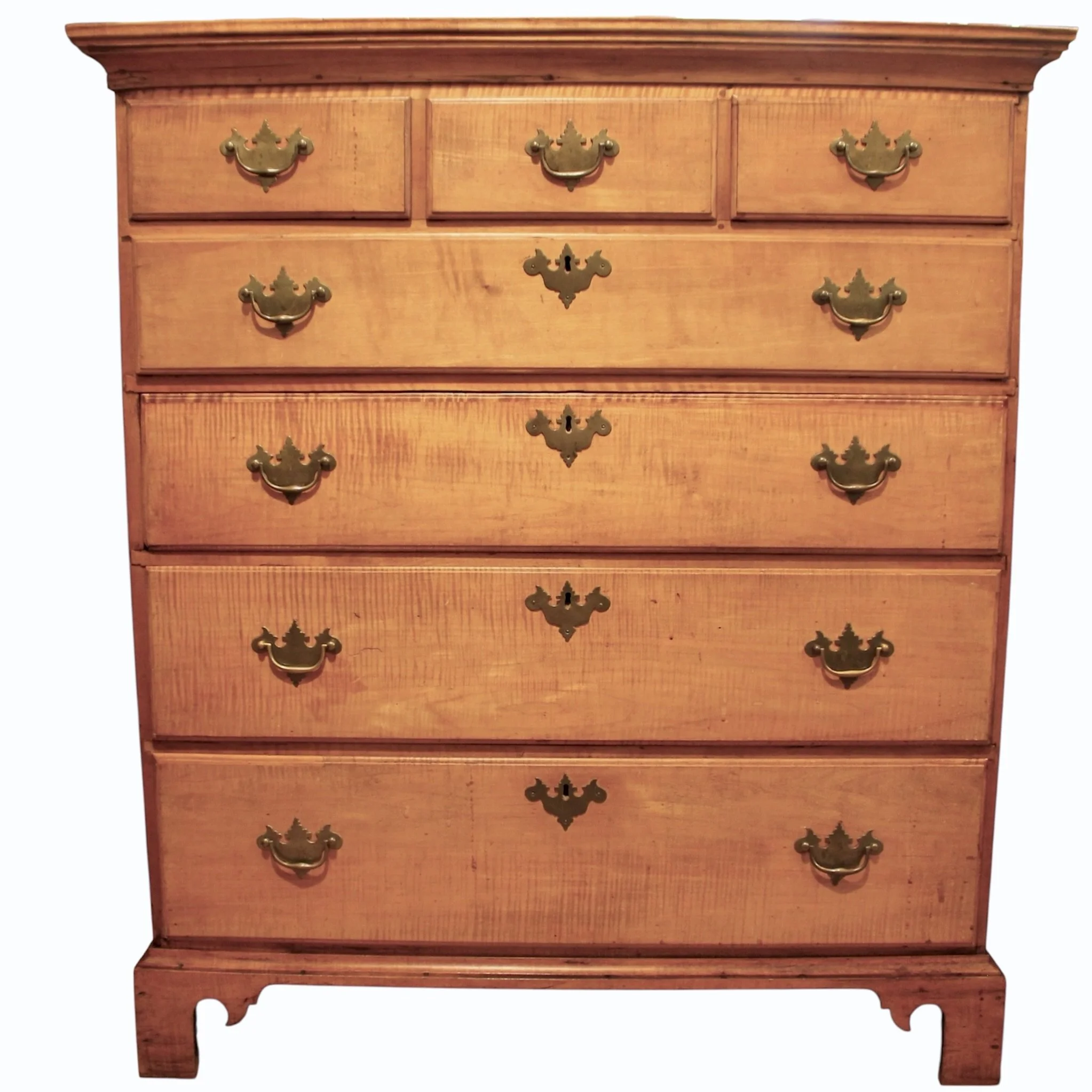 Pair Tall New England Tiger Maple Chippendale Chests of Drawers