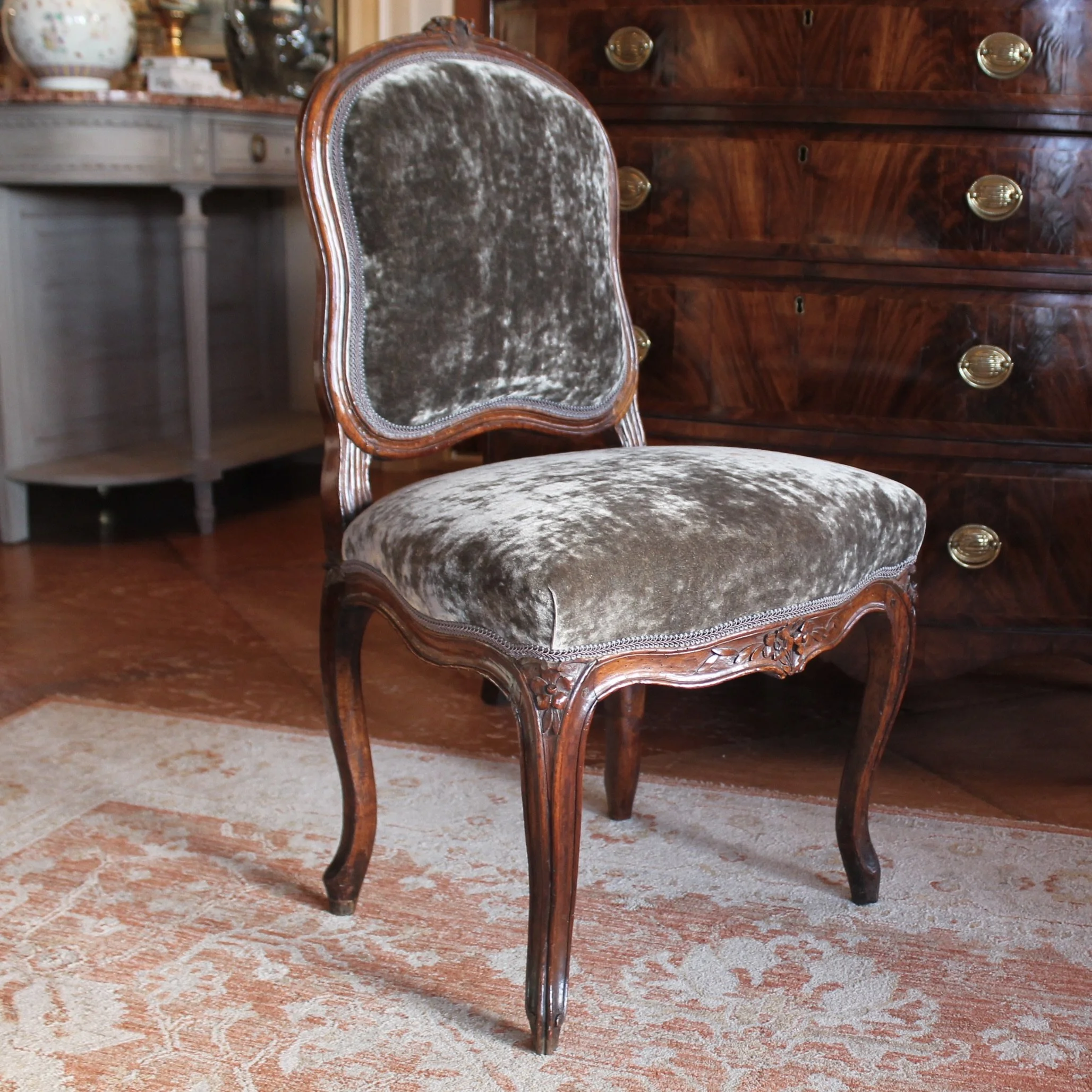 Louis XV Period Slipper Chair, Grey Velvet