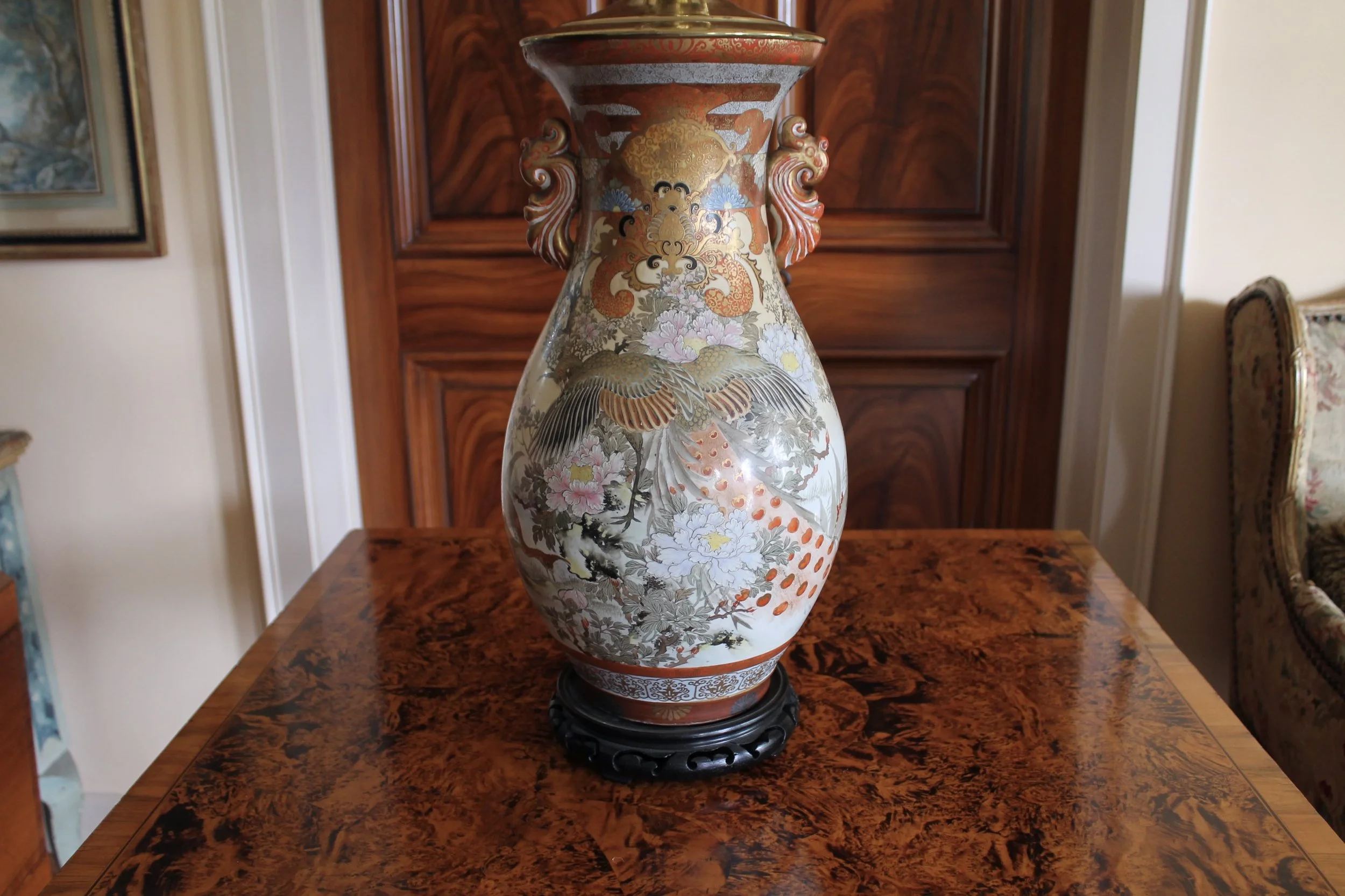 Antique Japanese Kutani Orange and Gilt Lamp