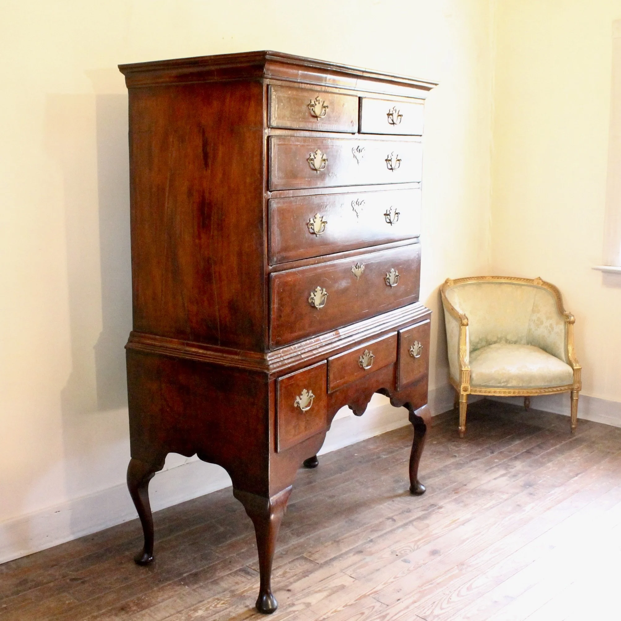 Georgian English Burl Walnut Highboy Chest on Stand