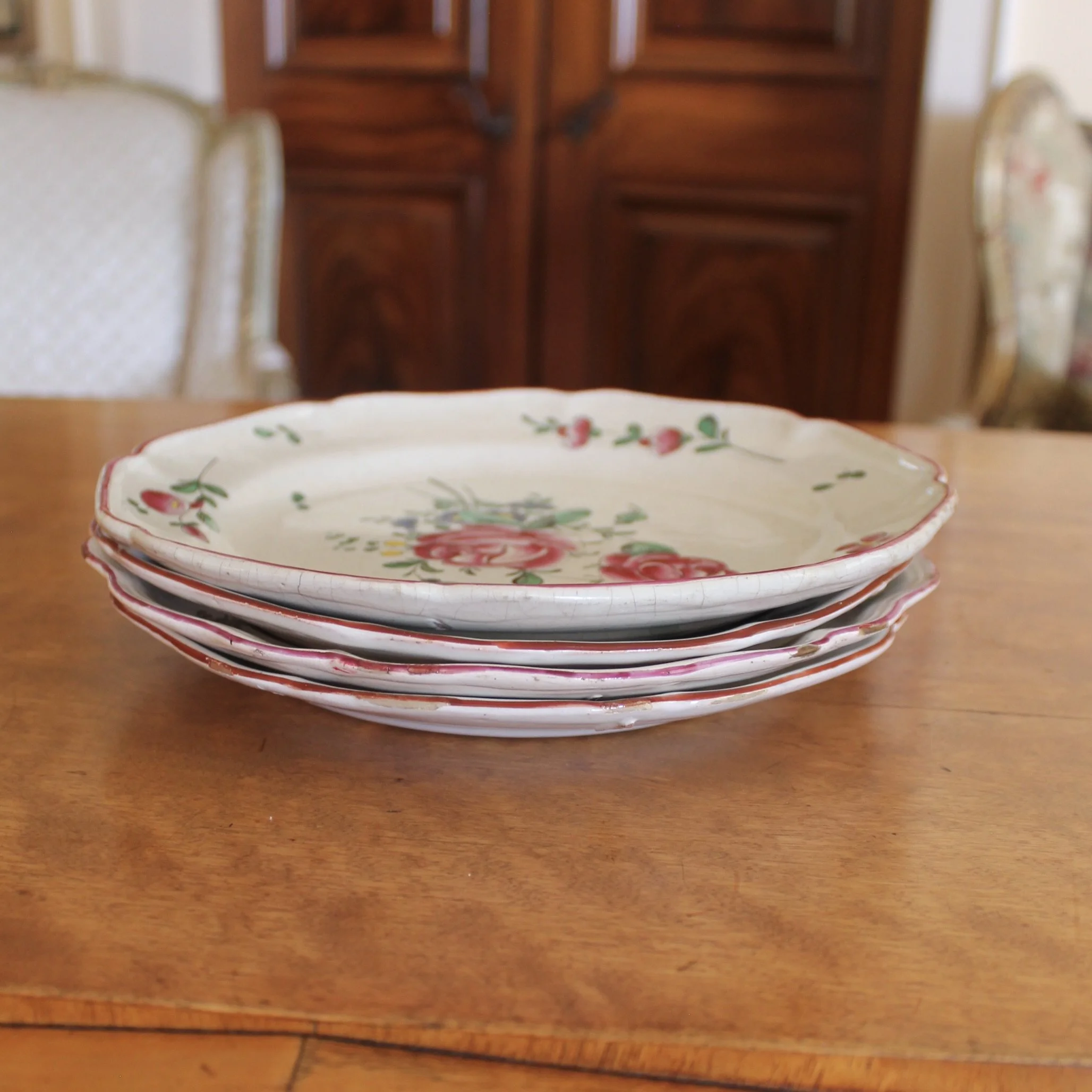 Antique French Faience Plates, Pink Floral