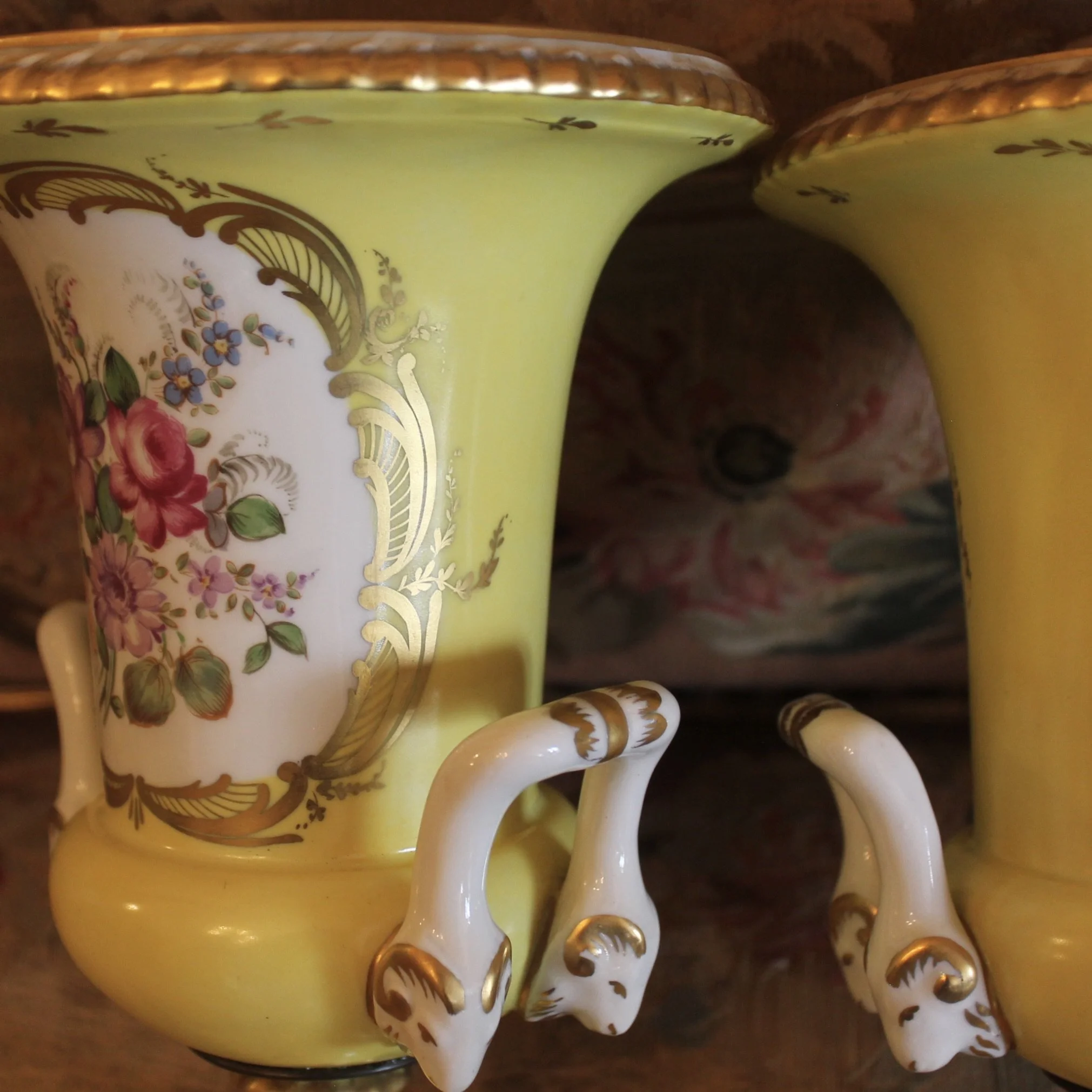 Pair of Paris Porcelain Yellow Glazed and Gilt Urn CACHEPOTS