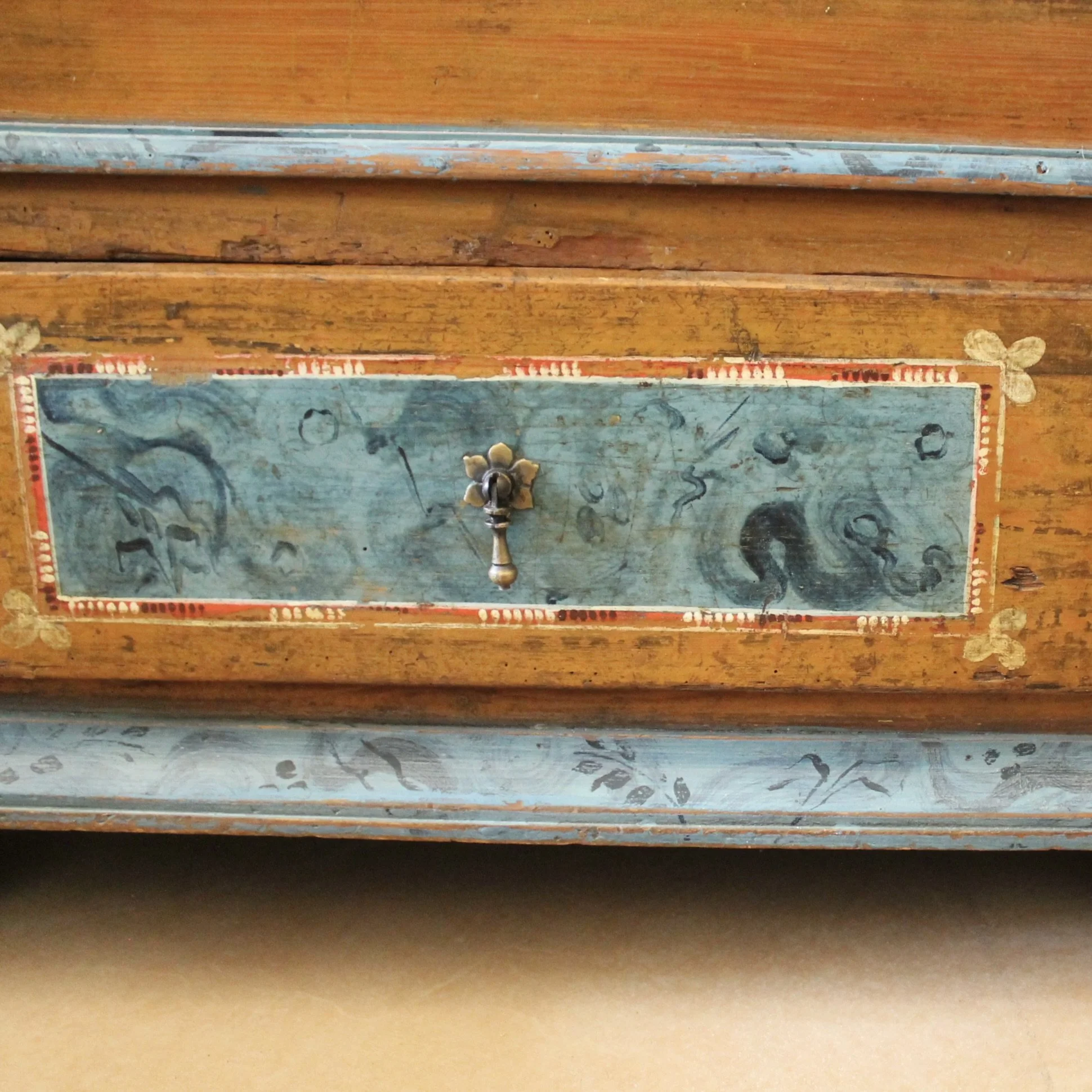 Swedish Antique Painted Armoire Cabinet in Turquoise and Ochre