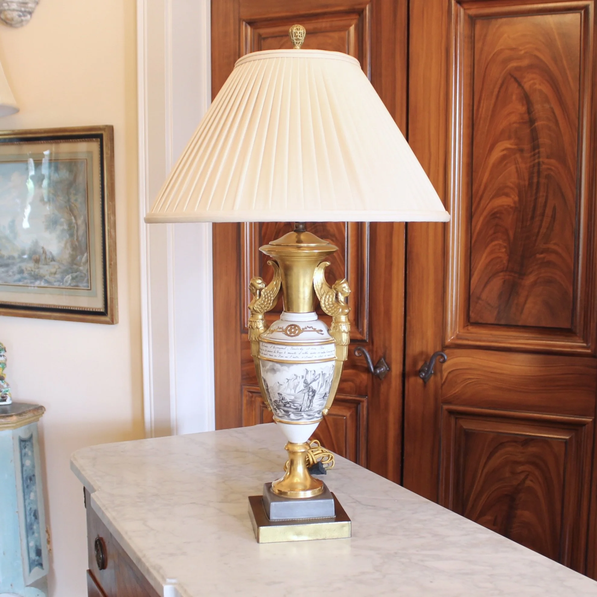 Fine Paris Porcelain Gilt and Grisaille Caryatid Lamp