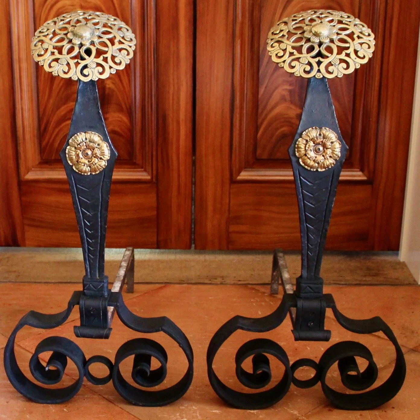 large-arts-and-crafts-wrought-iron-andirons-brass-medallion-tops