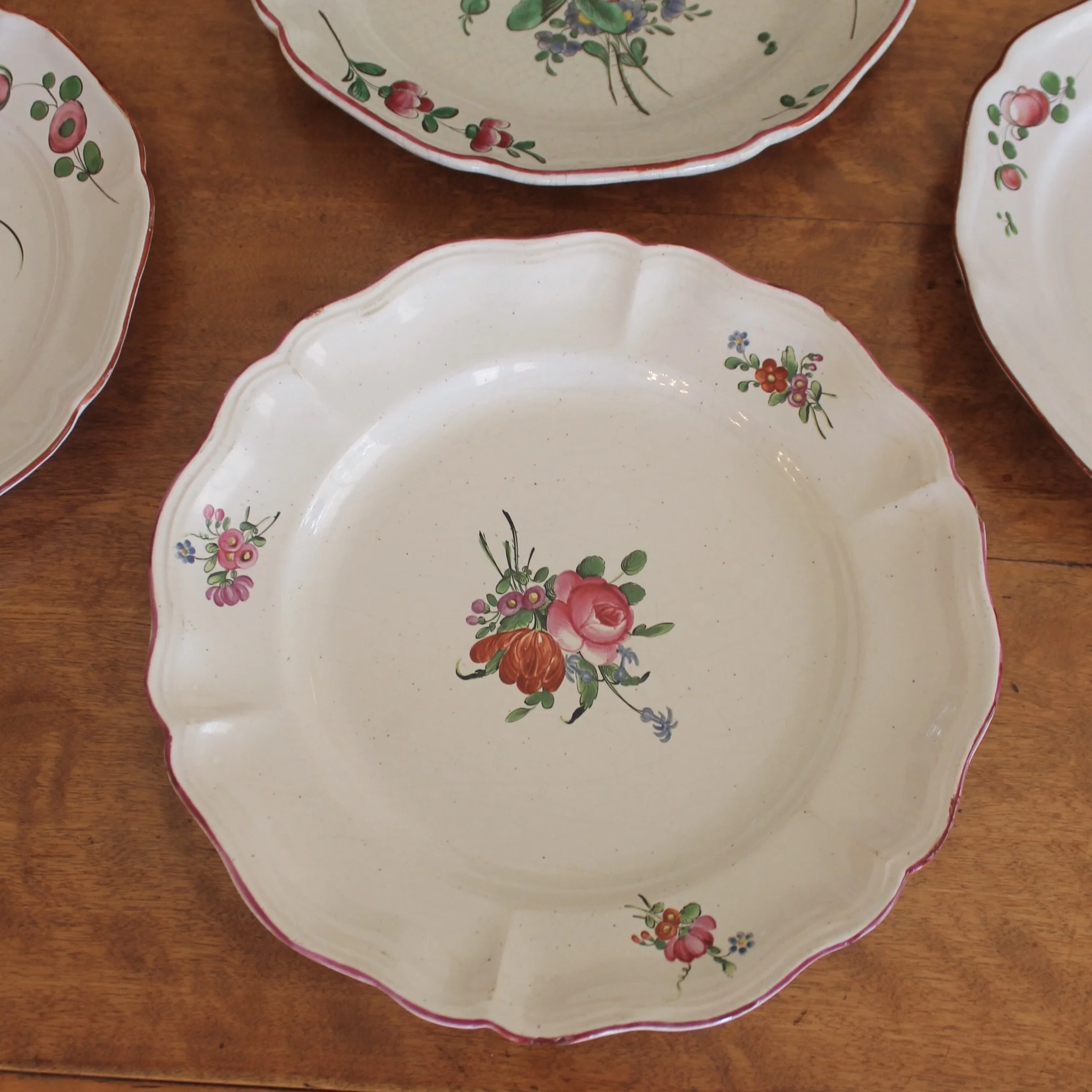 Antique French Faience Plates, Pink Floral