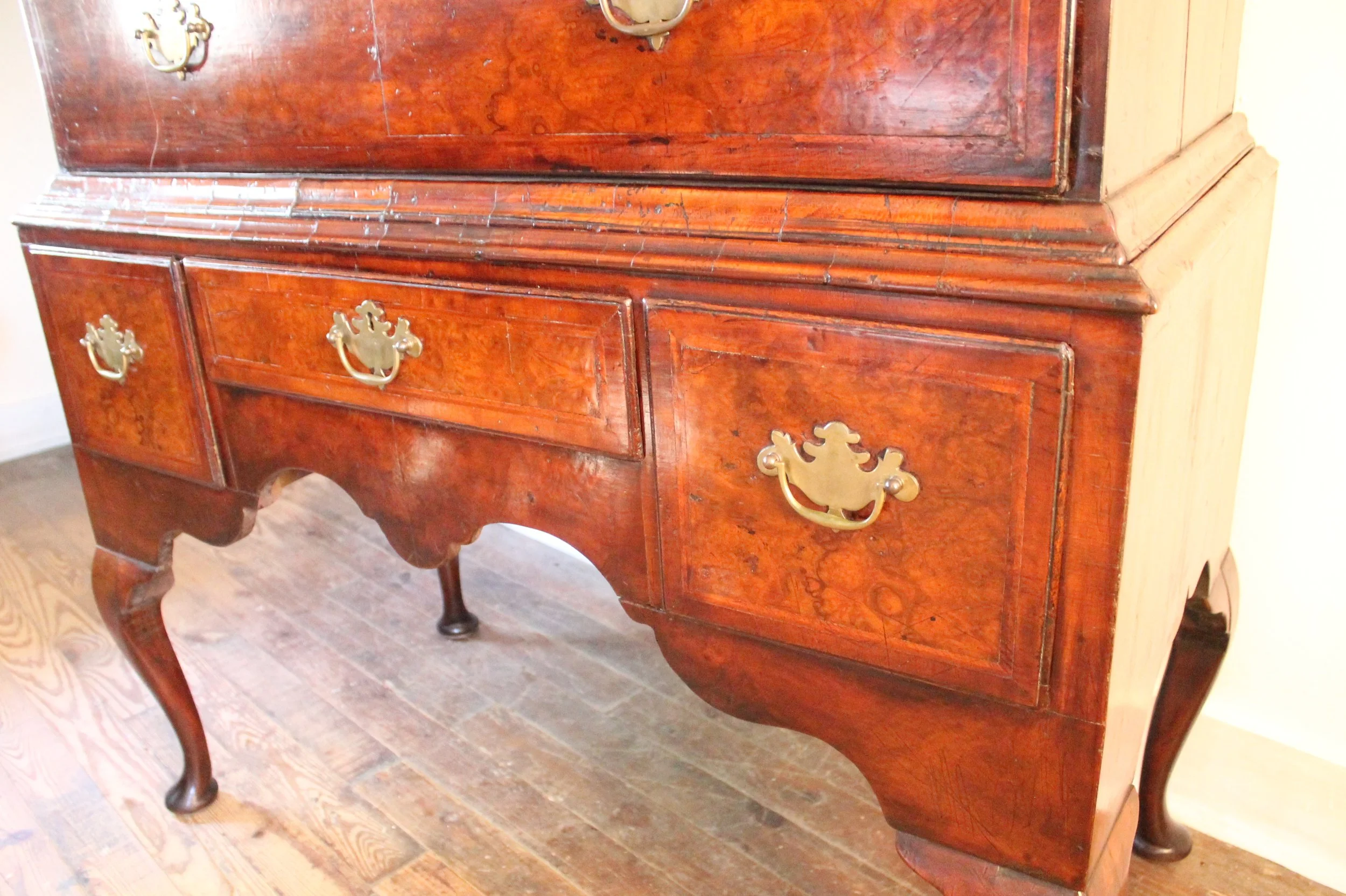 Georgian English Burl Walnut Highboy Chest on Stand
