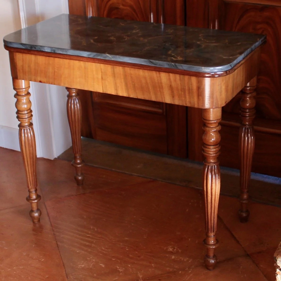 French-Faux-Marble-Top-Painted-Mahogany-Console-Table-Game-Table