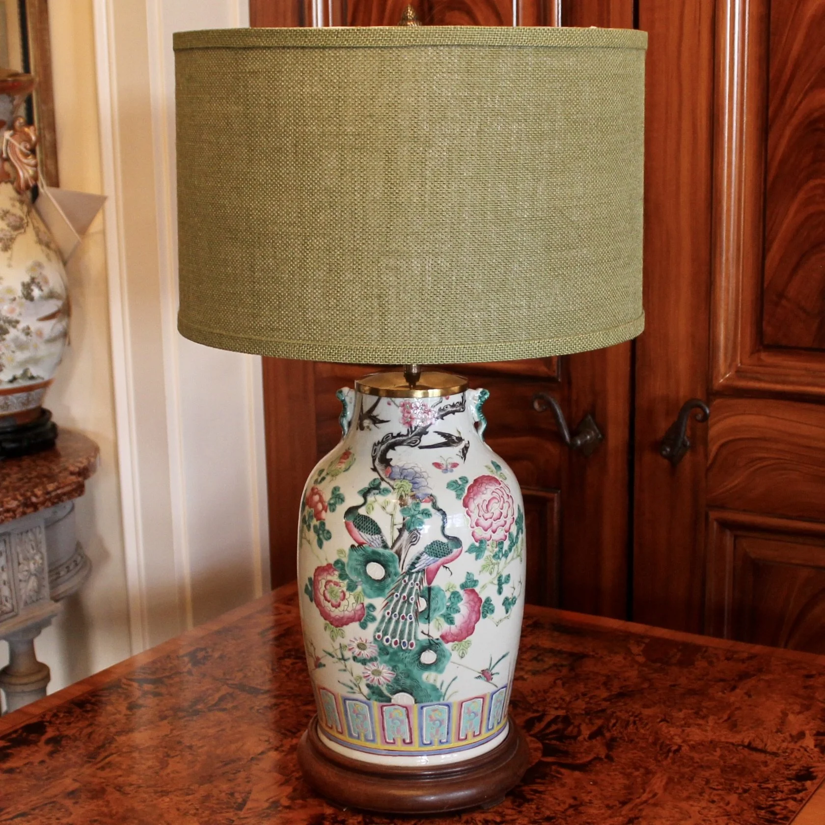 Famille Rose Chinese Porcelain Lamp with Peacocks