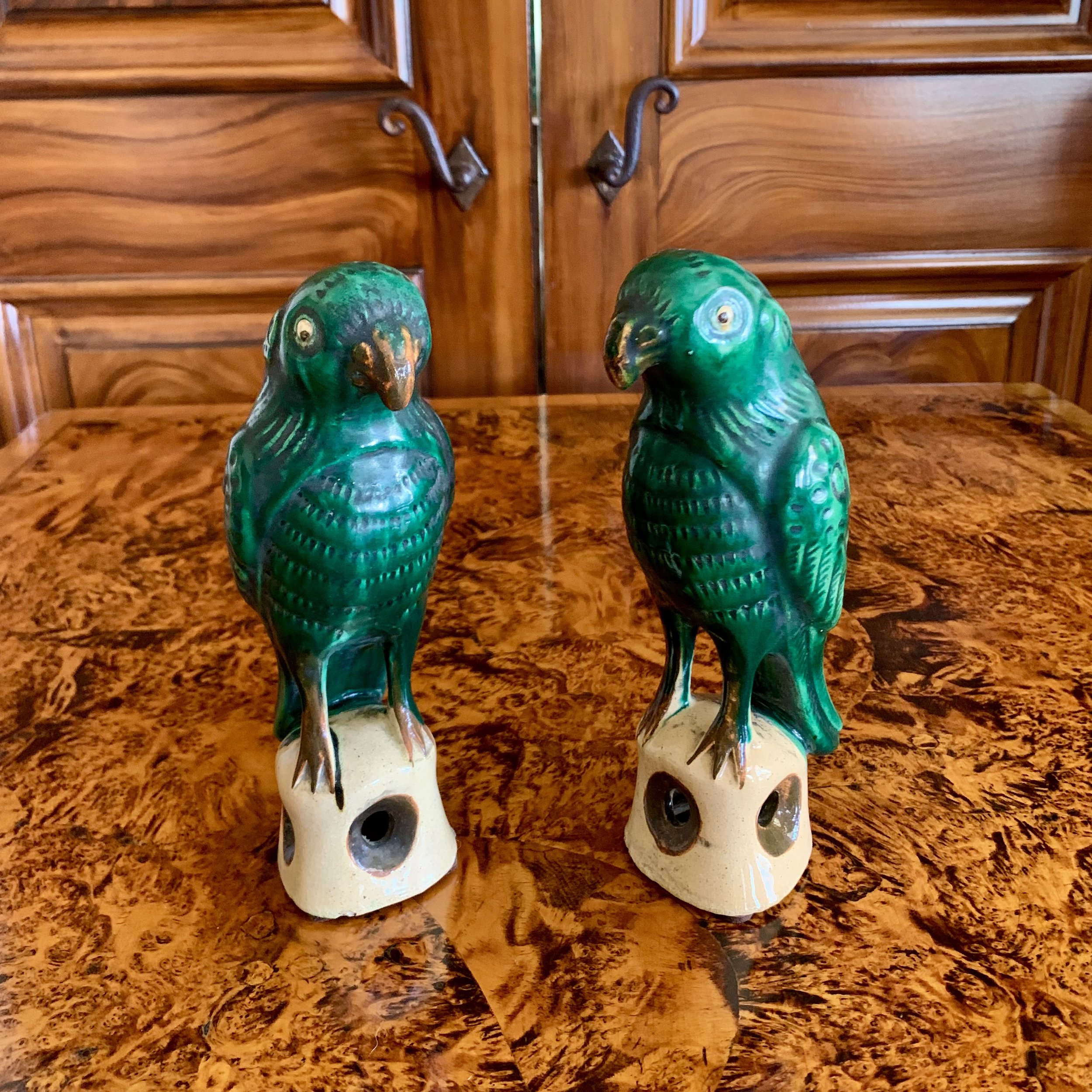 Pair of Antique Sancai Glazed Chinese Export Parrots