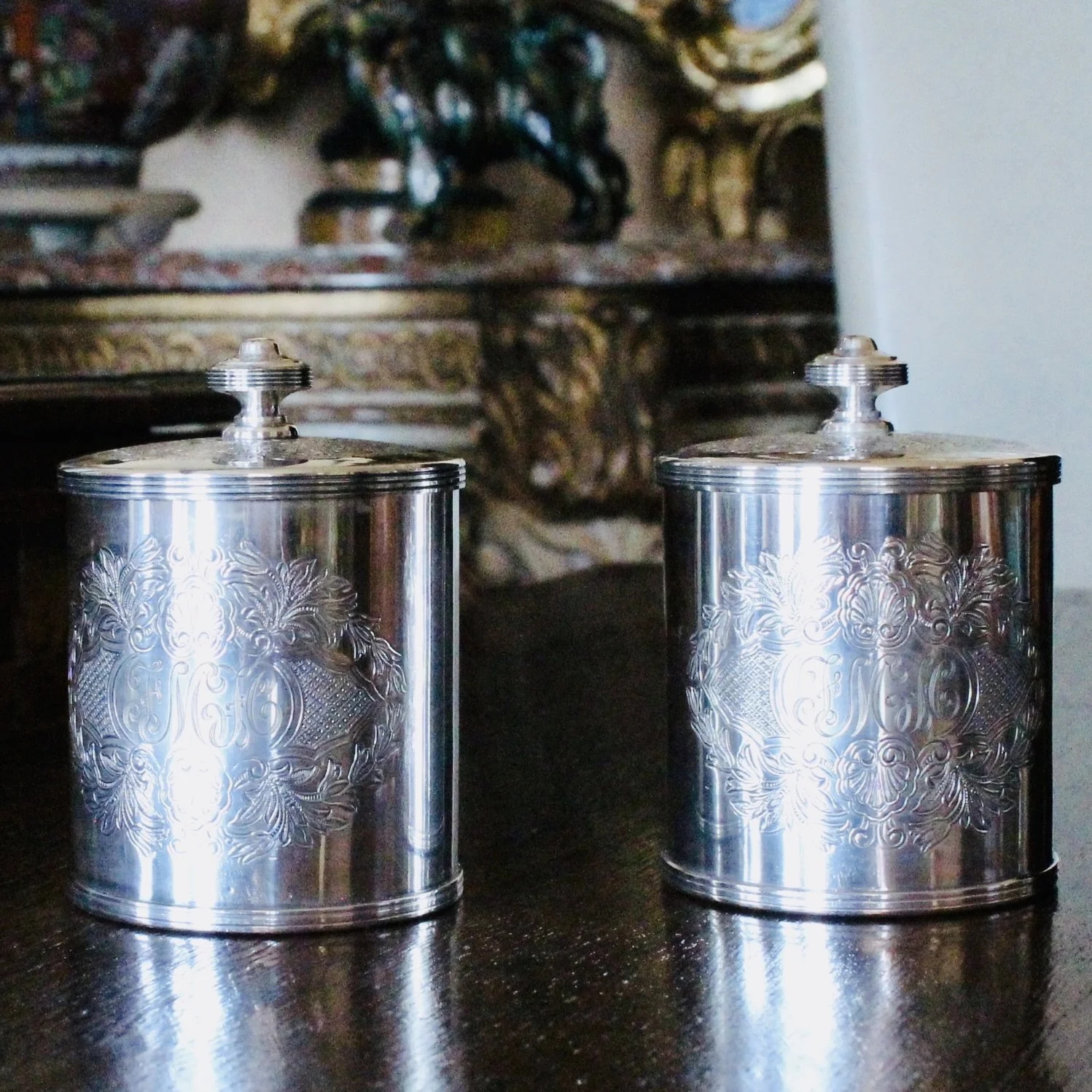 Pair of English Silver Plate Tea Caddies, Henry Birks and Sons
