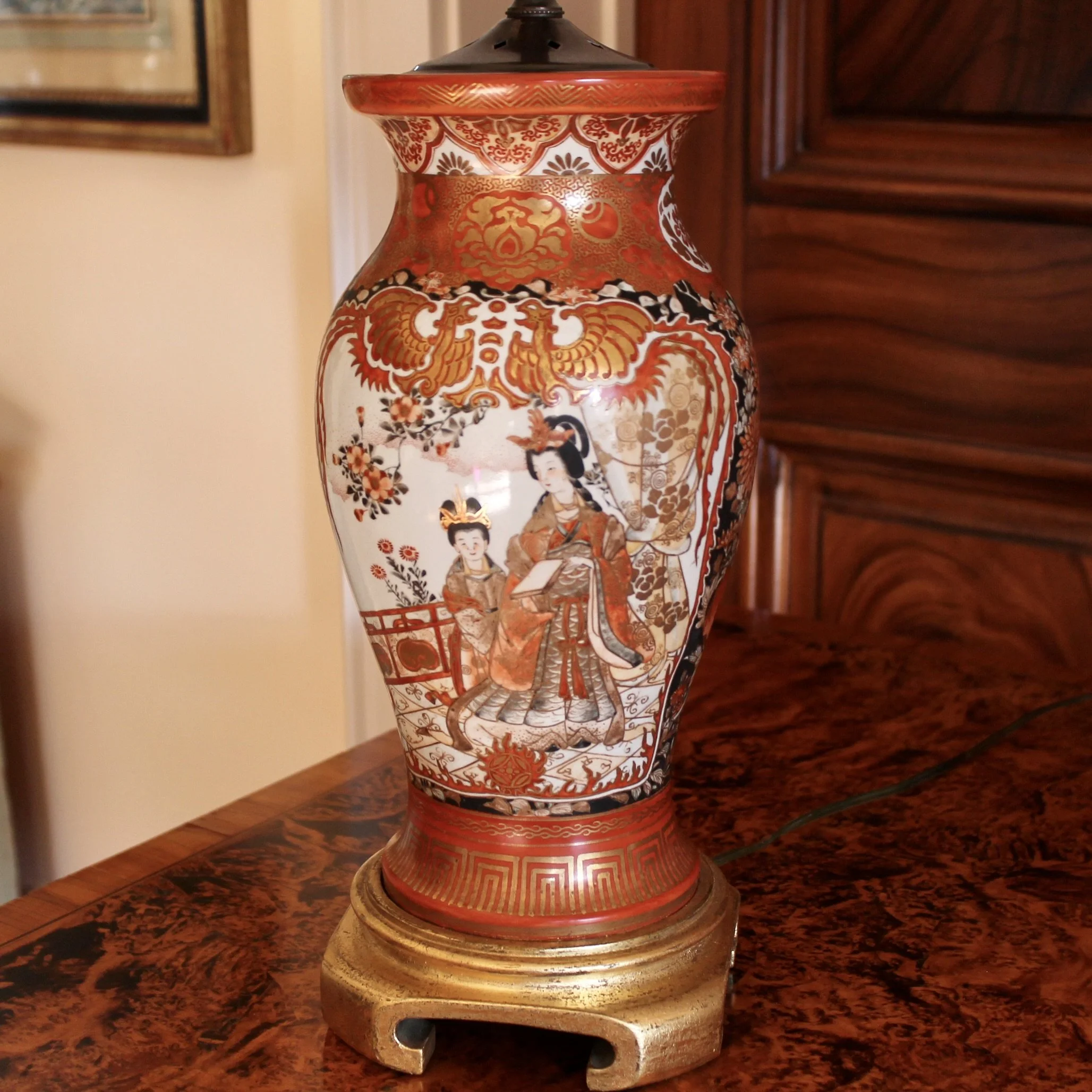 Pair Antique Japanese Kutani Porcelain Vase Lamps