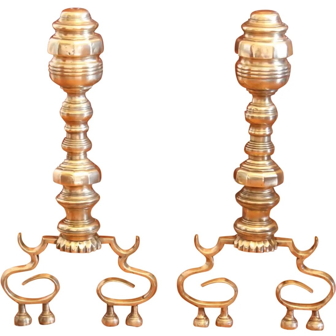 Pair of Scroll Footed Antique American Brass Andirons
