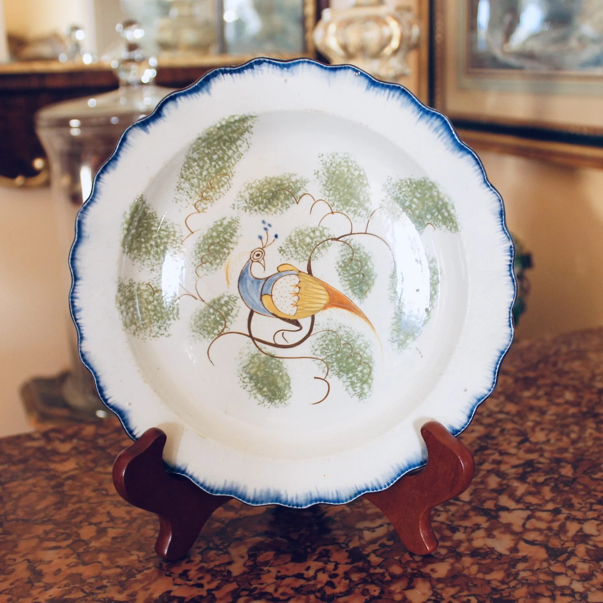 English Delftware Peacock and Spongeware Plate