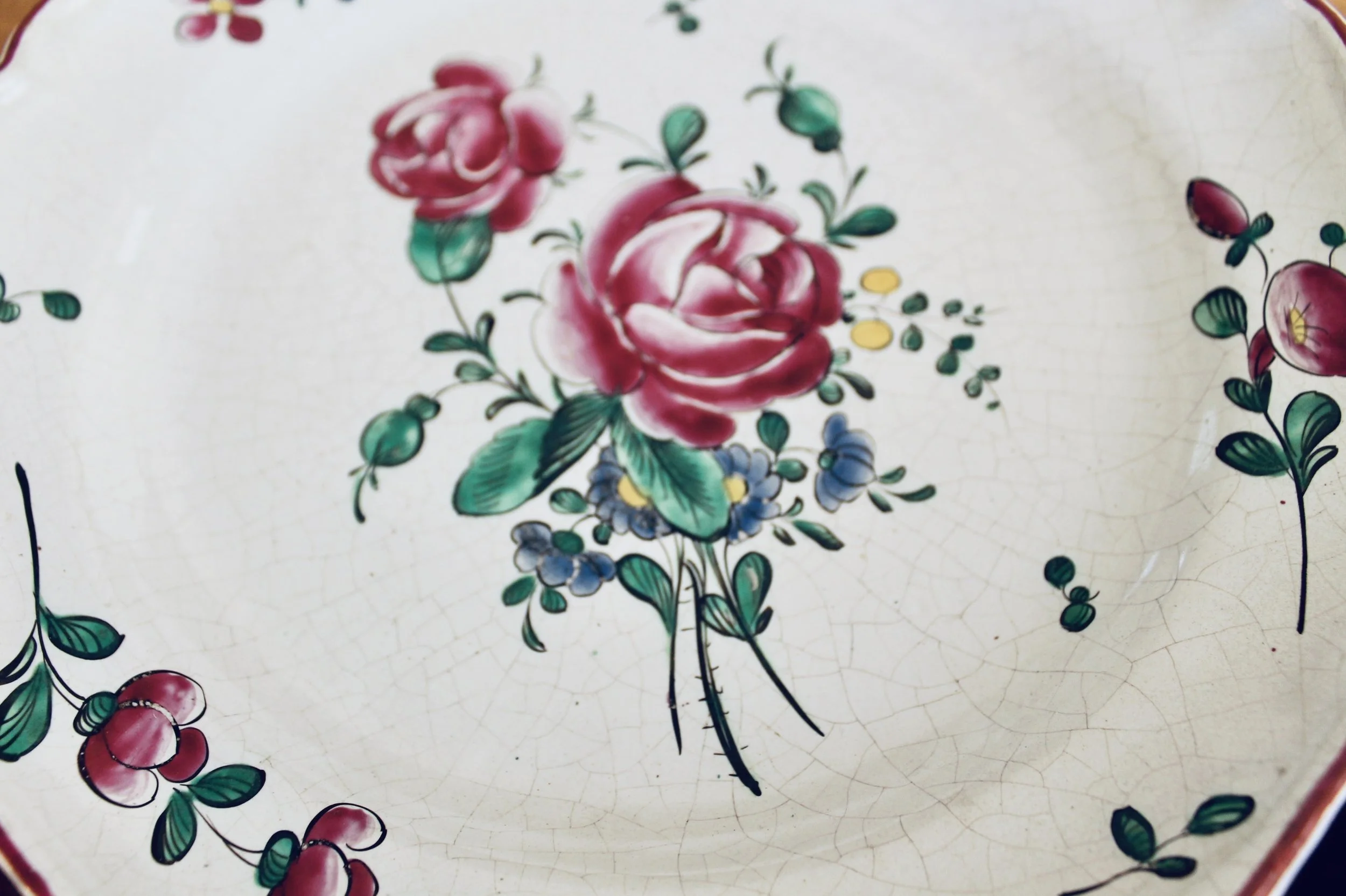 Antique French Faience Plates, Pink Floral
