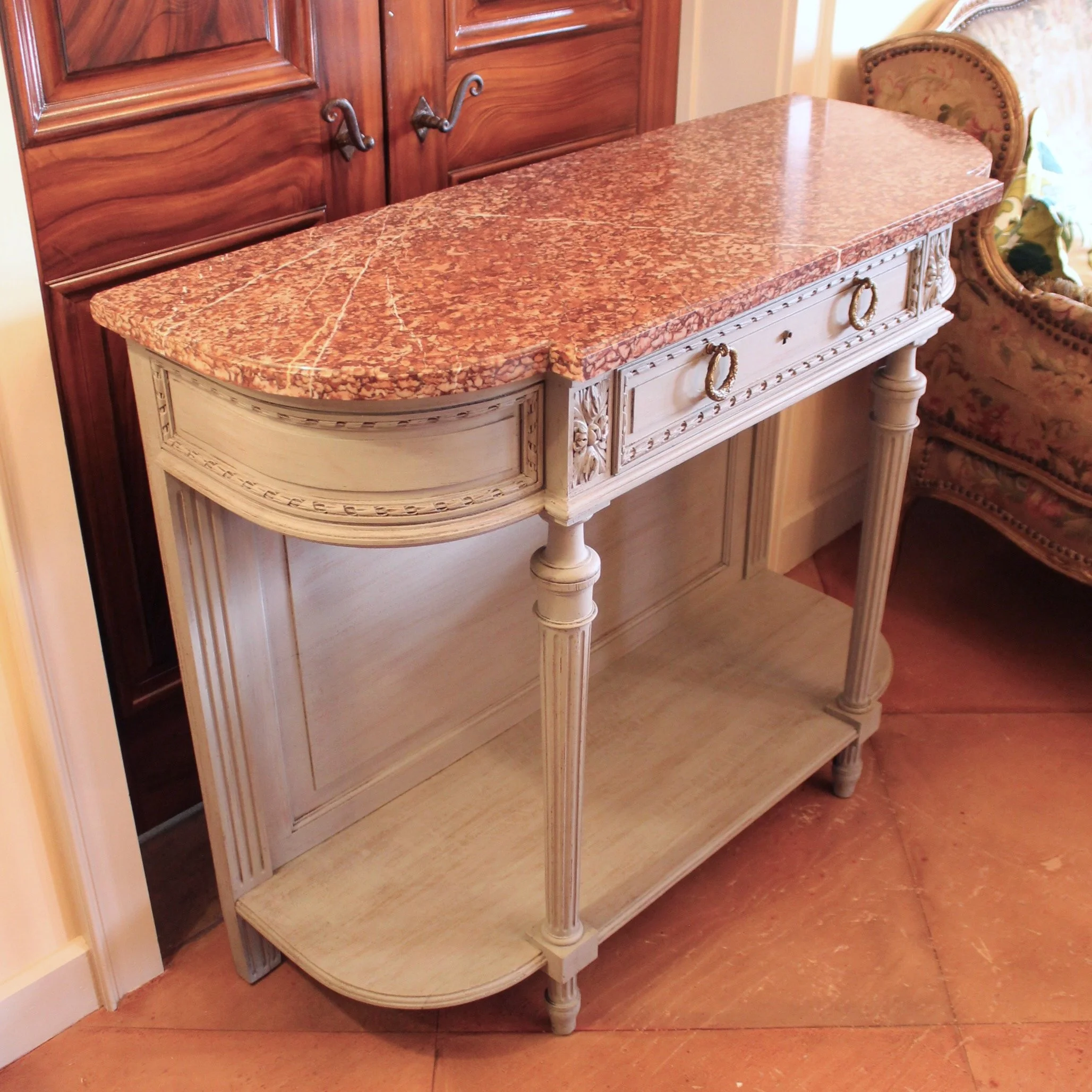 Grey-painted-Louis-XVI-Style-Console-Table-With-Marble-Top