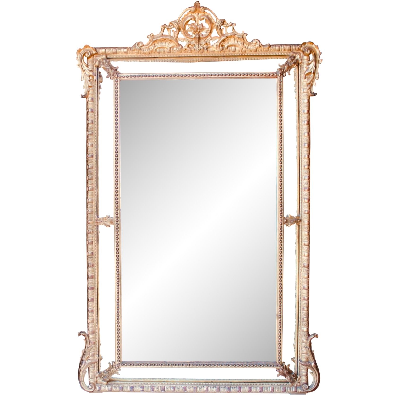 Large French Gilt Borderglass Pier Mirror with Rococo Crest, 19th Century