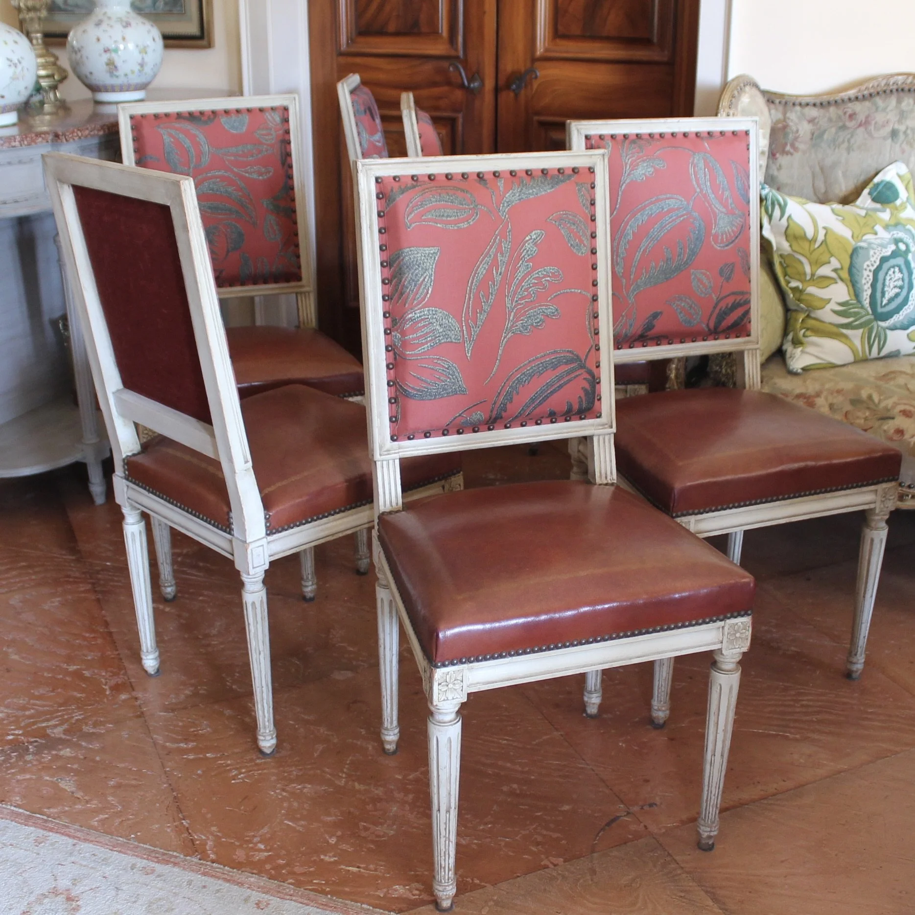Set of Six French Painted Dining Chairs, Louis XVI Style
