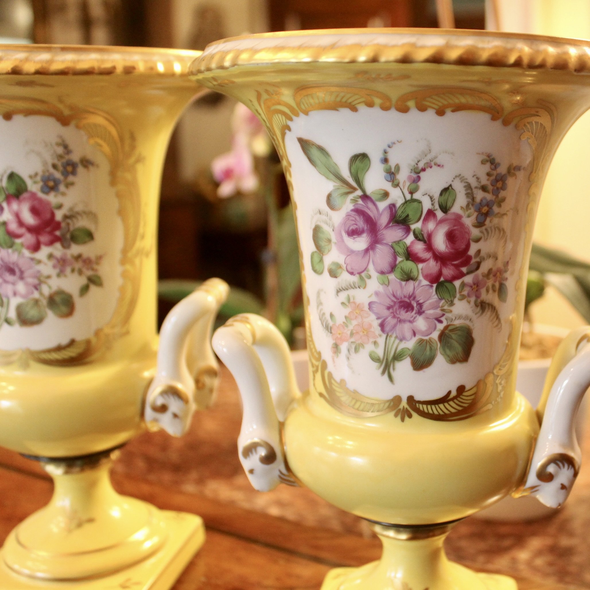 Pair of Paris Porcelain Yellow Glazed and Gilt Urn CACHEPOTS