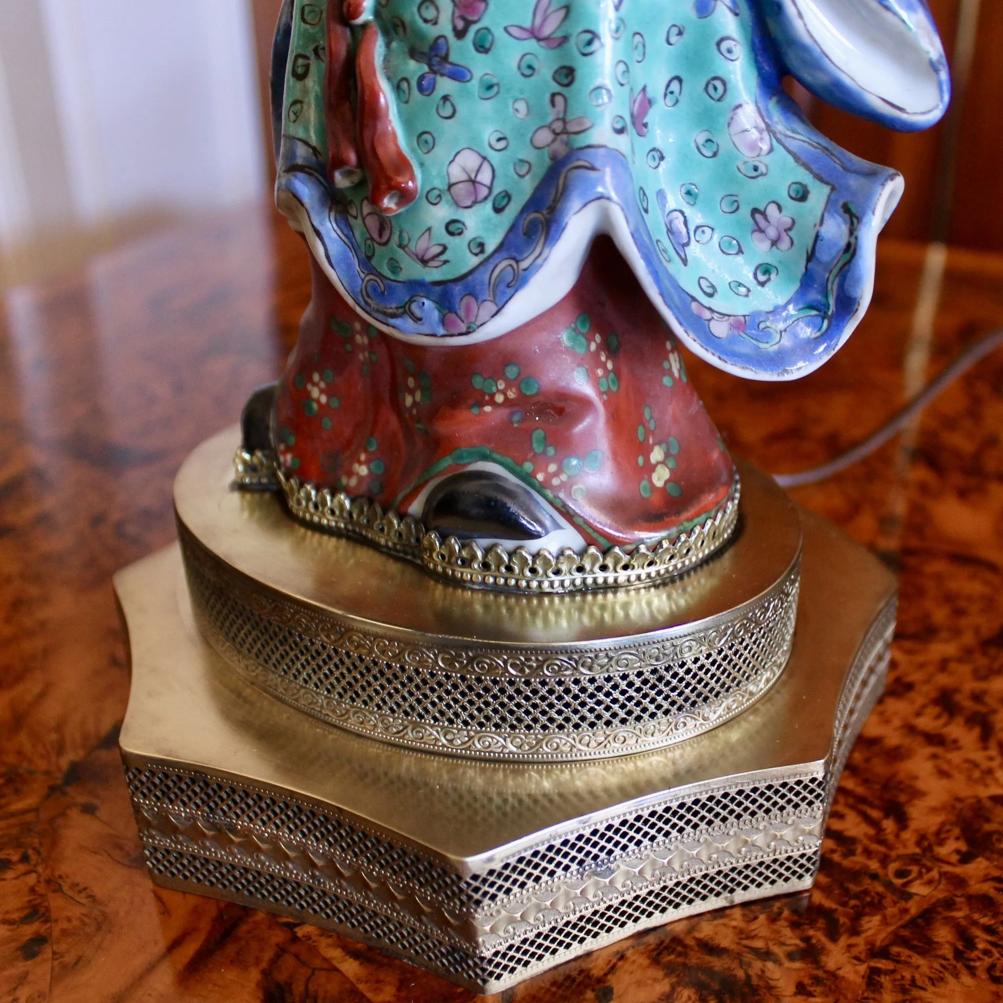 Antique Chinoiserie Porcelain Figure Lamps, Pair