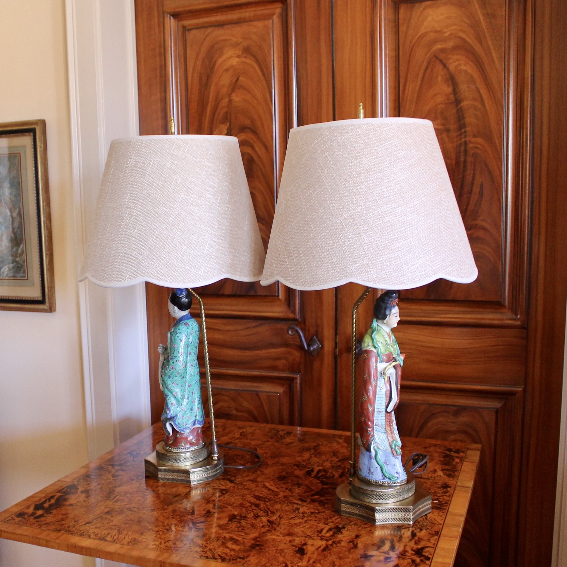 Antique Chinoiserie Porcelain Figure Lamps, Pair