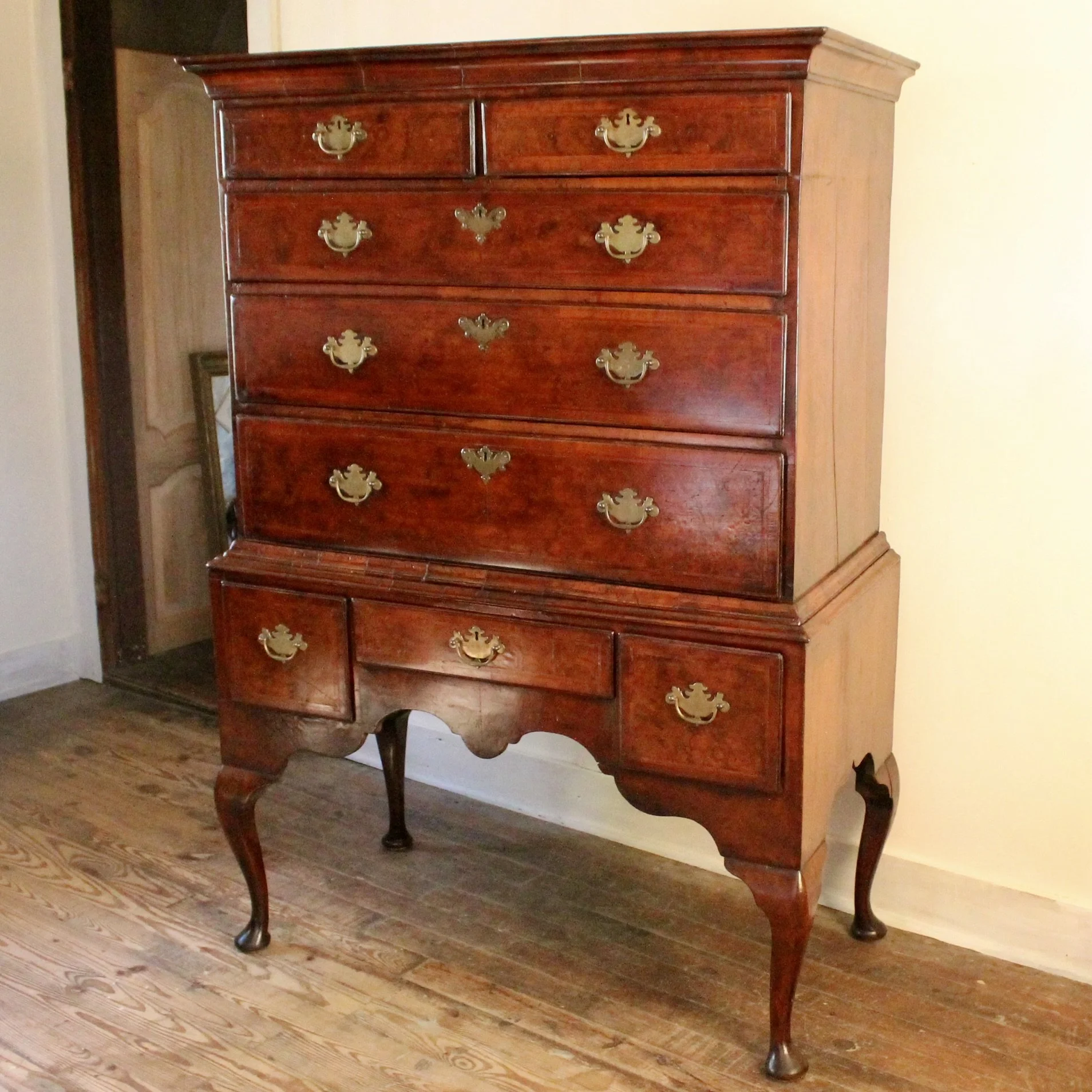 Georgian English Burl Walnut Highboy Chest on Stand