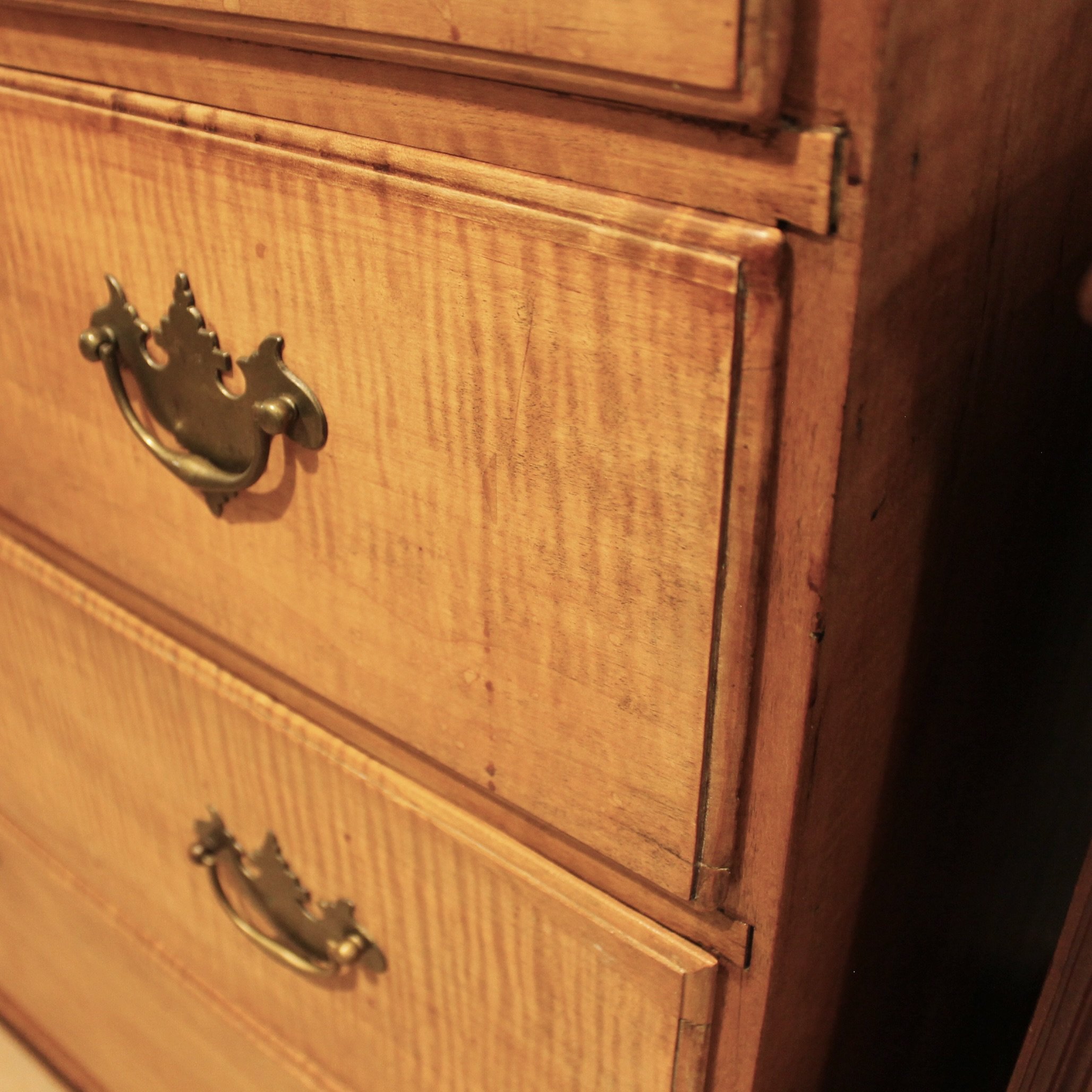 Pair Tall New England Tiger Maple Chippendale Chests of Drawers