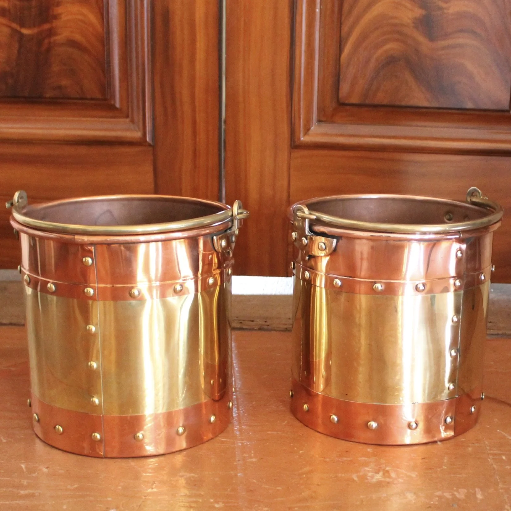 Pair of Small Copper and Brass Studded Buckets