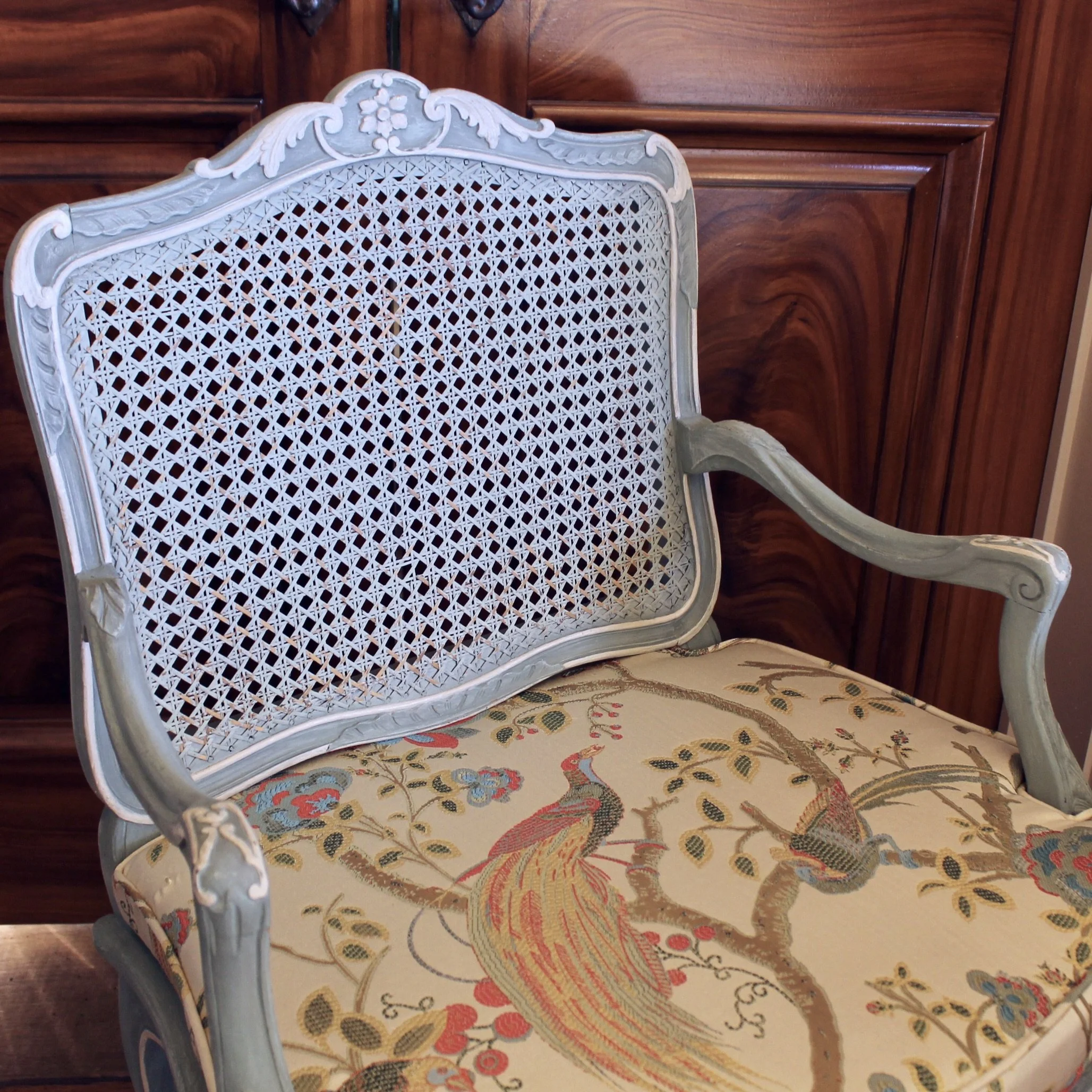Pair of French Provincial Armchairs in Blue Painted Finish