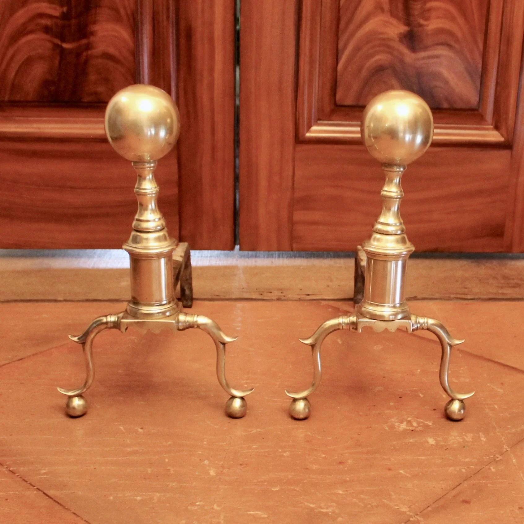 Pair of Antique American Cannon Ball Top Brass Andirons