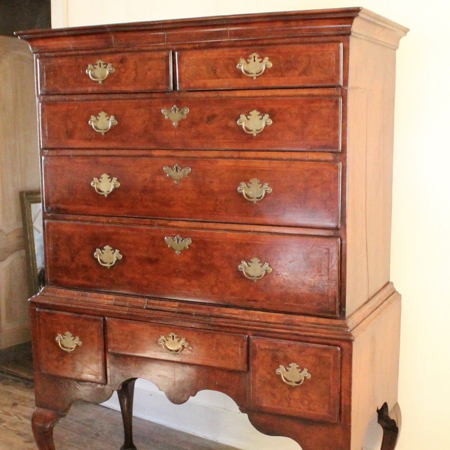 Georgian English Burl Walnut Highboy Chest on Stand