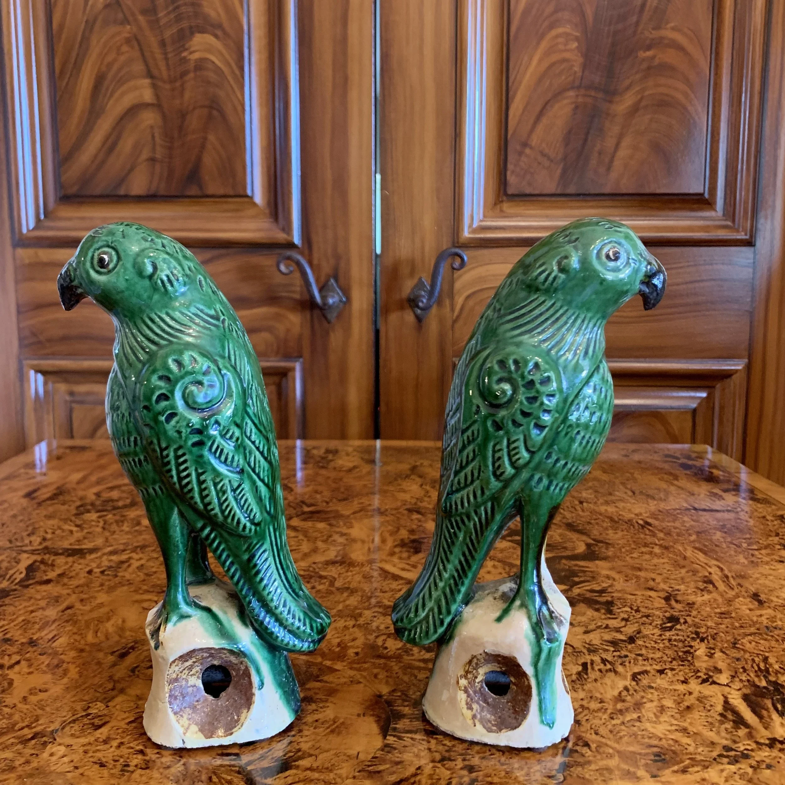 Pair of Antique Sancai Glazed Chinese Export Parrots