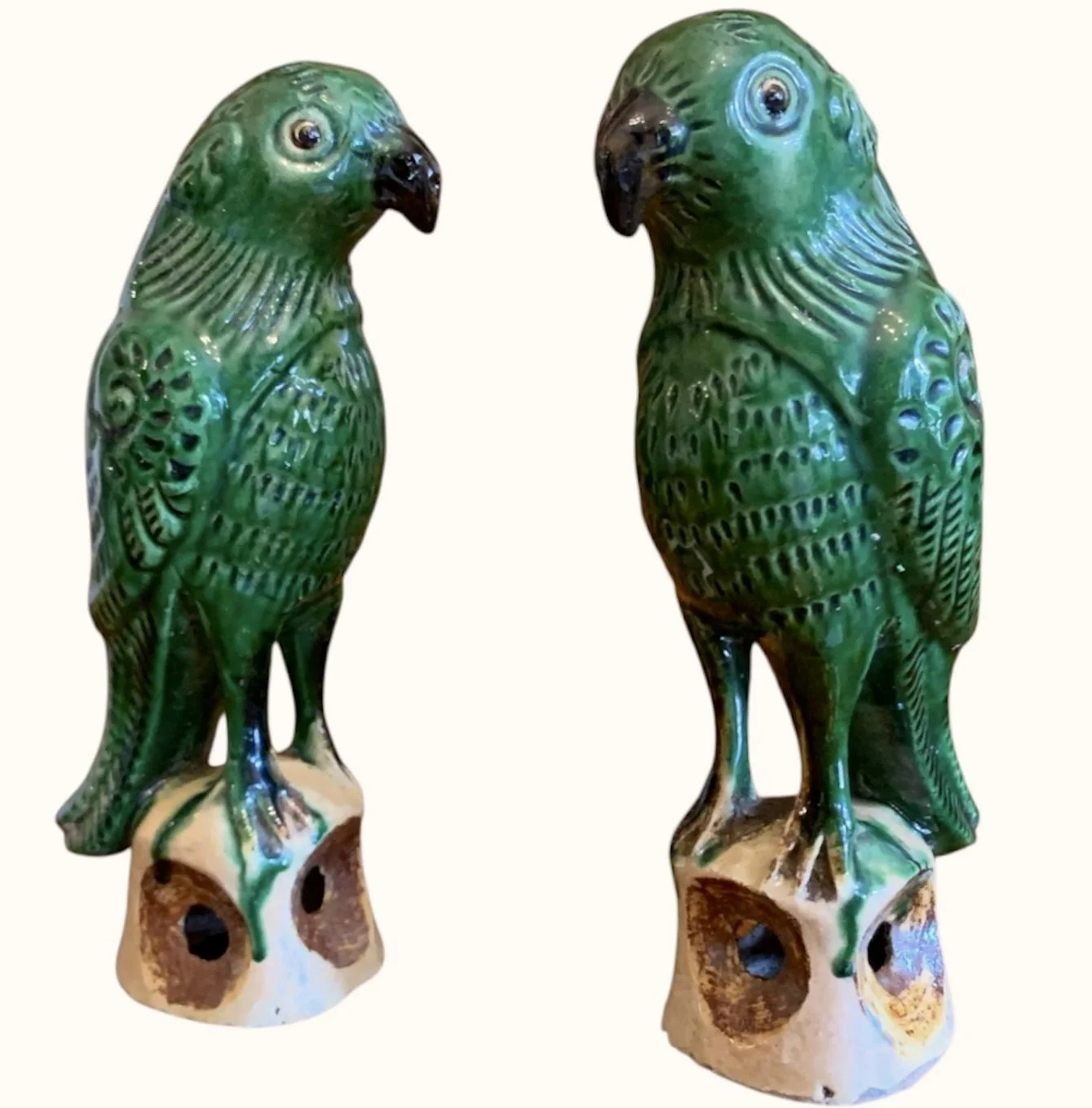 Pair of Antique Sancai Glazed Chinese Export Parrots