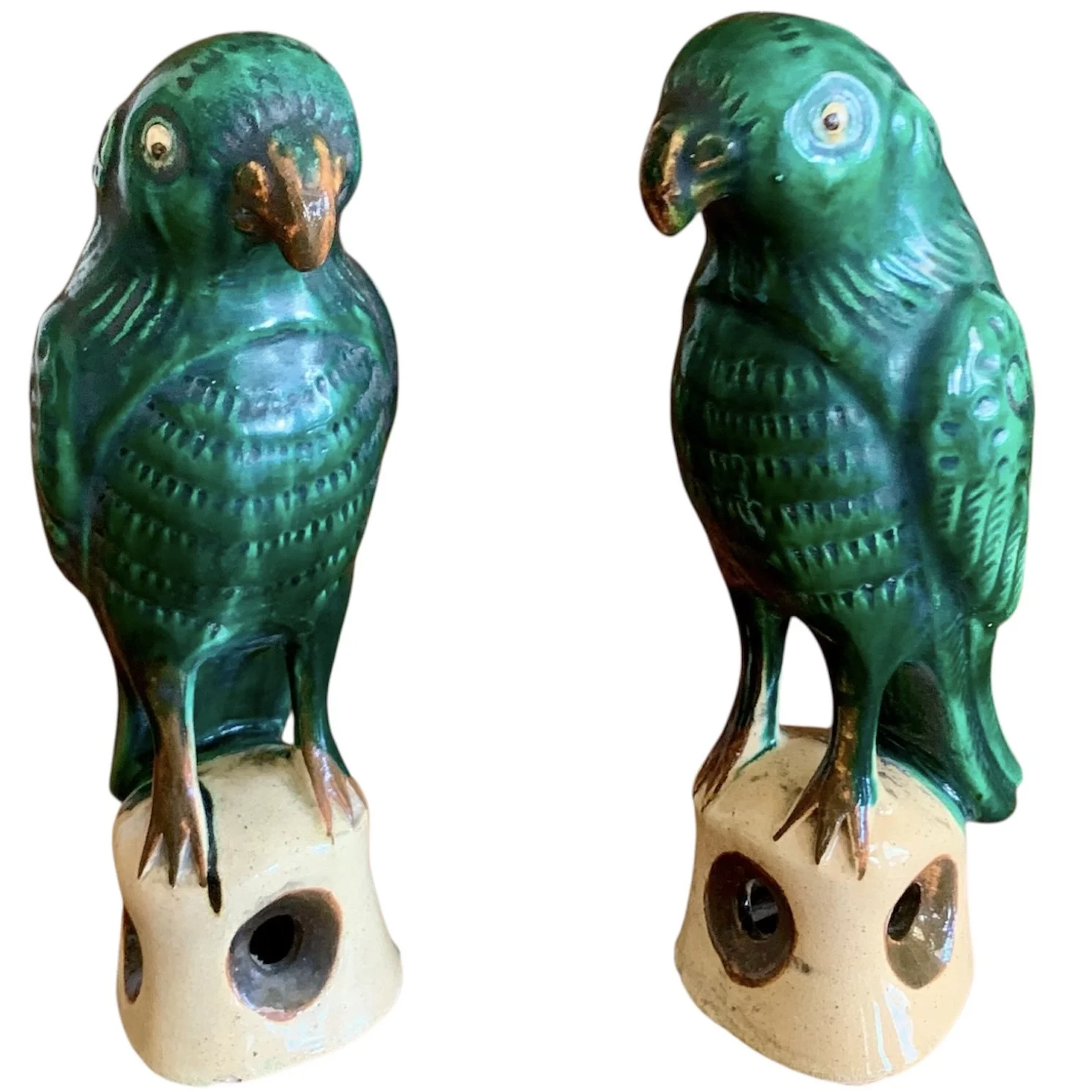 Pair of Antique Sancai Glazed Chinese Export Parrots