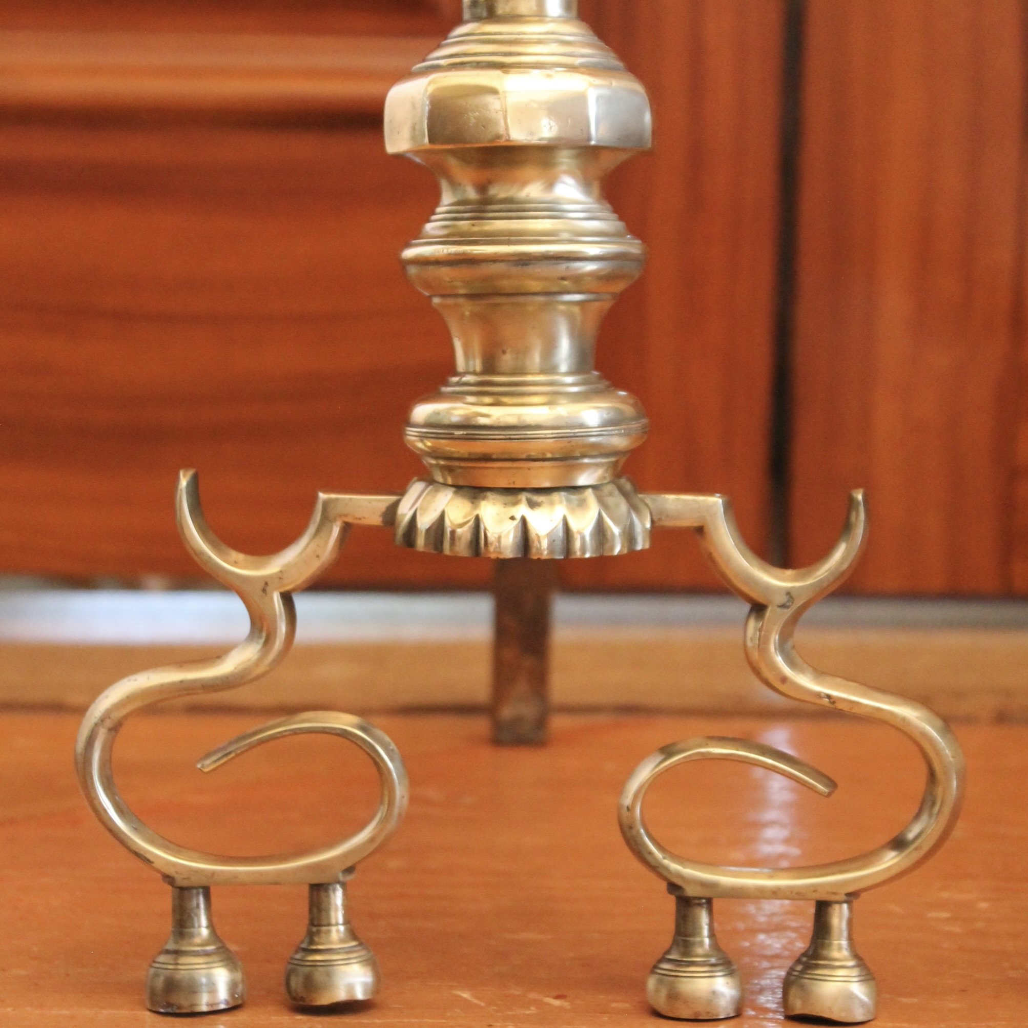 Scroll Footed Antique American Brass Andirons